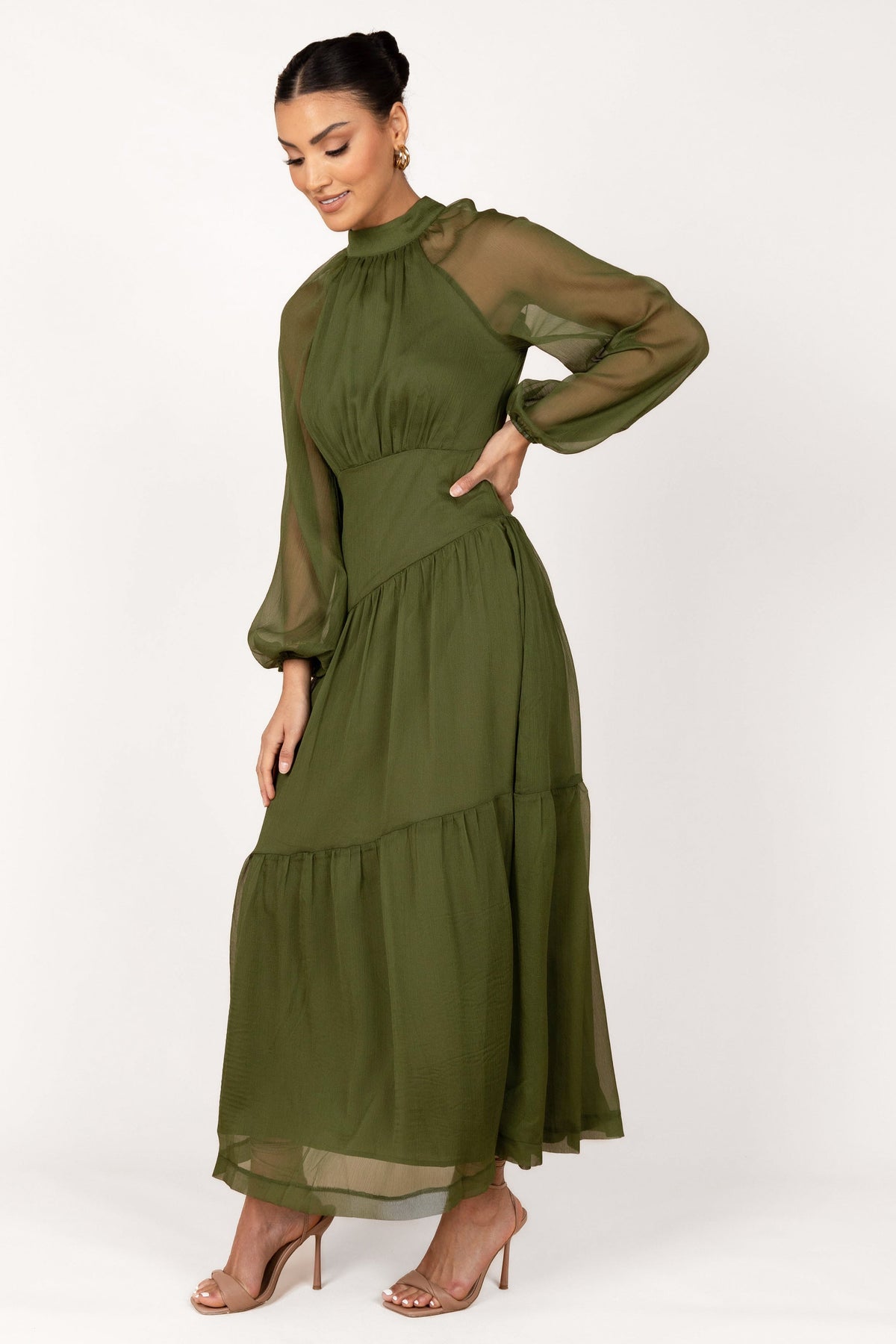 Julip Sheer Long Sleeve Maxi Dress in Olive – view 3 of 6