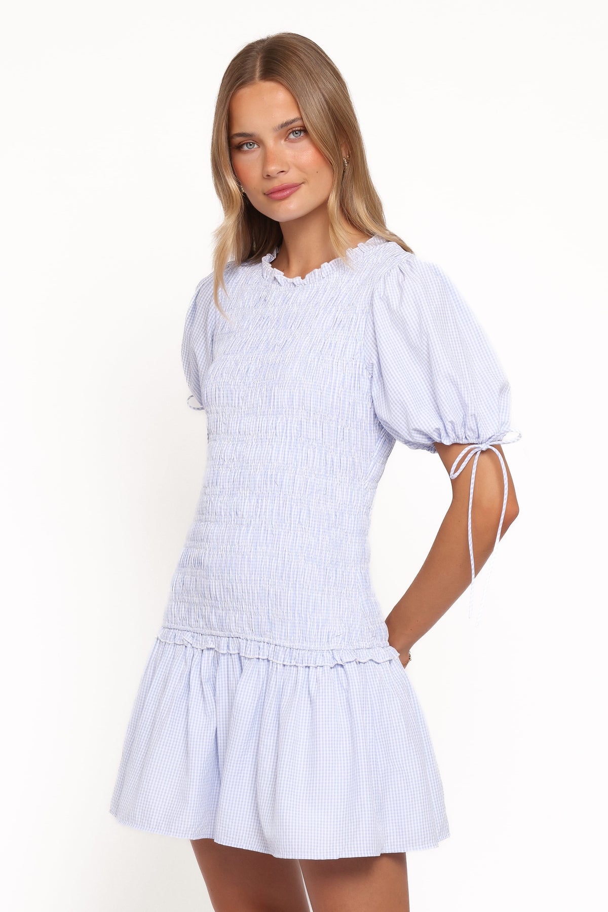 Kaelyn Gather Mini Dress in Blue Gingham – view 4 of 9