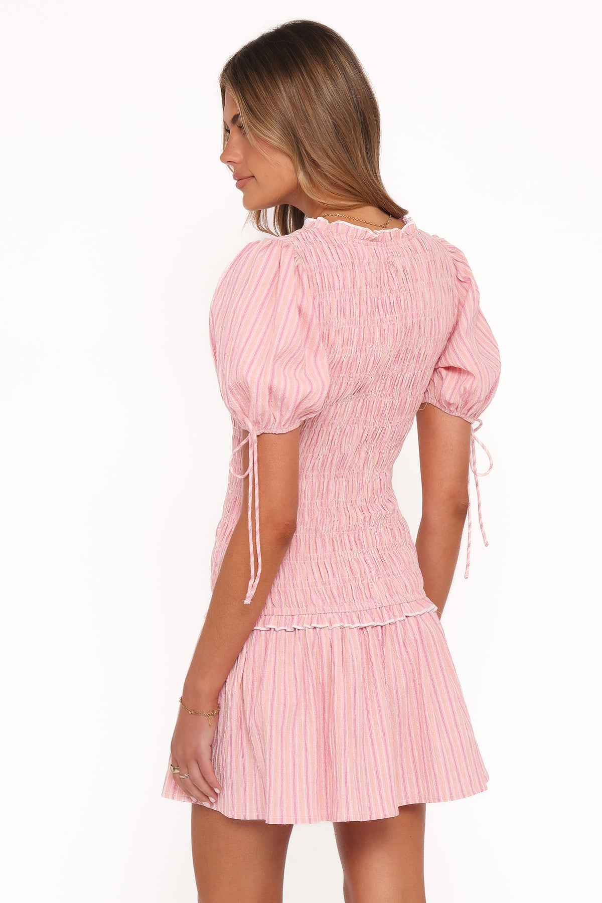 Kaelyn Gather Mini Dress in Pink Stripe – view 5 of 8