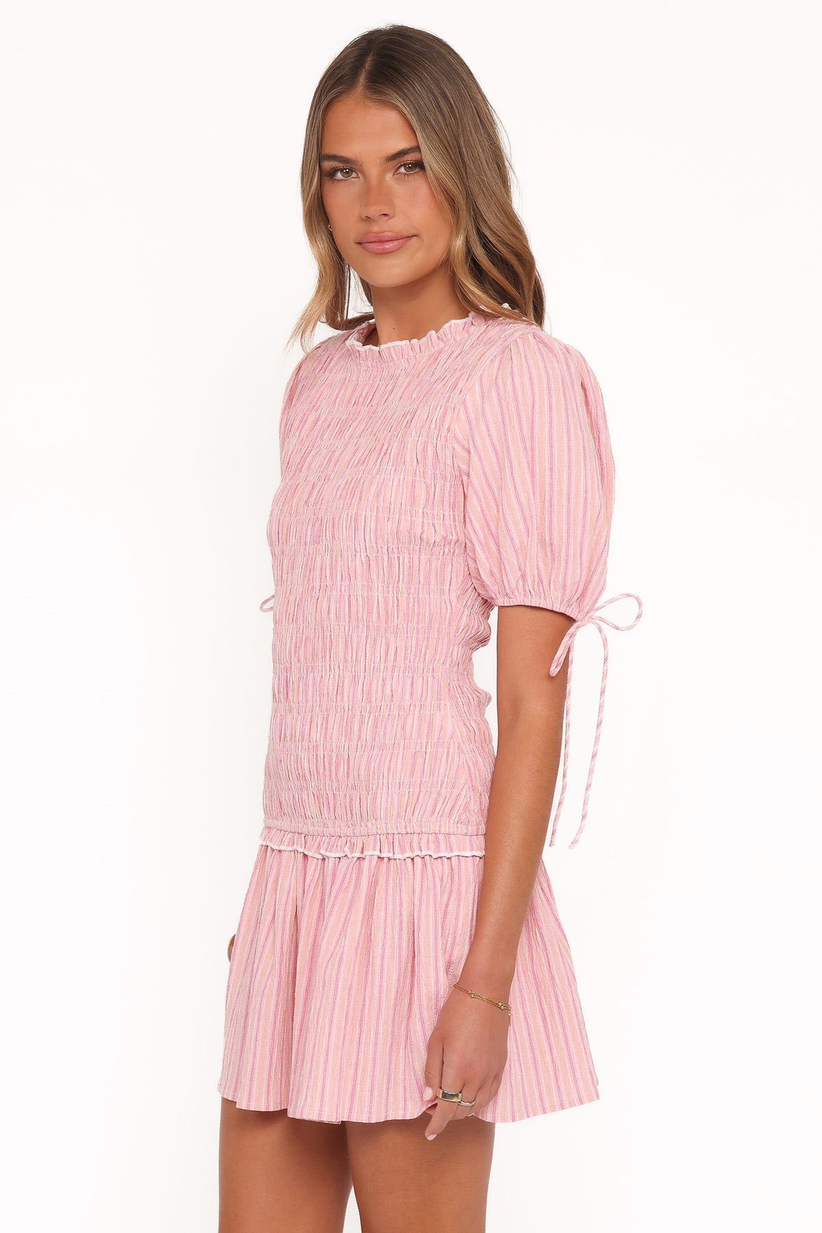 Kaelyn Gather Mini Dress in Pink Stripe – view 4 of 8