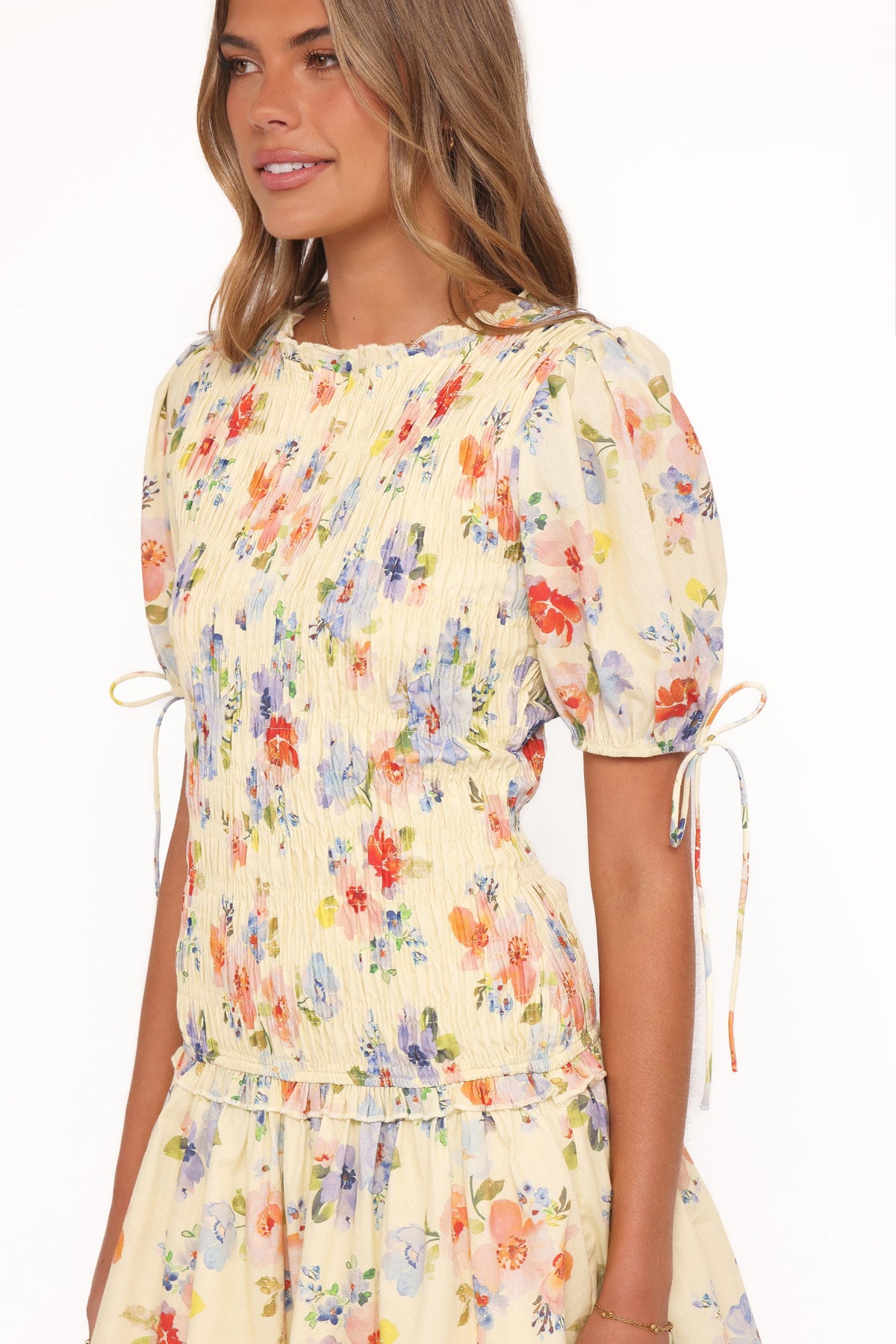 Kaelyn Gather Mini Dress in Yellow Floral – view 3 of 8
