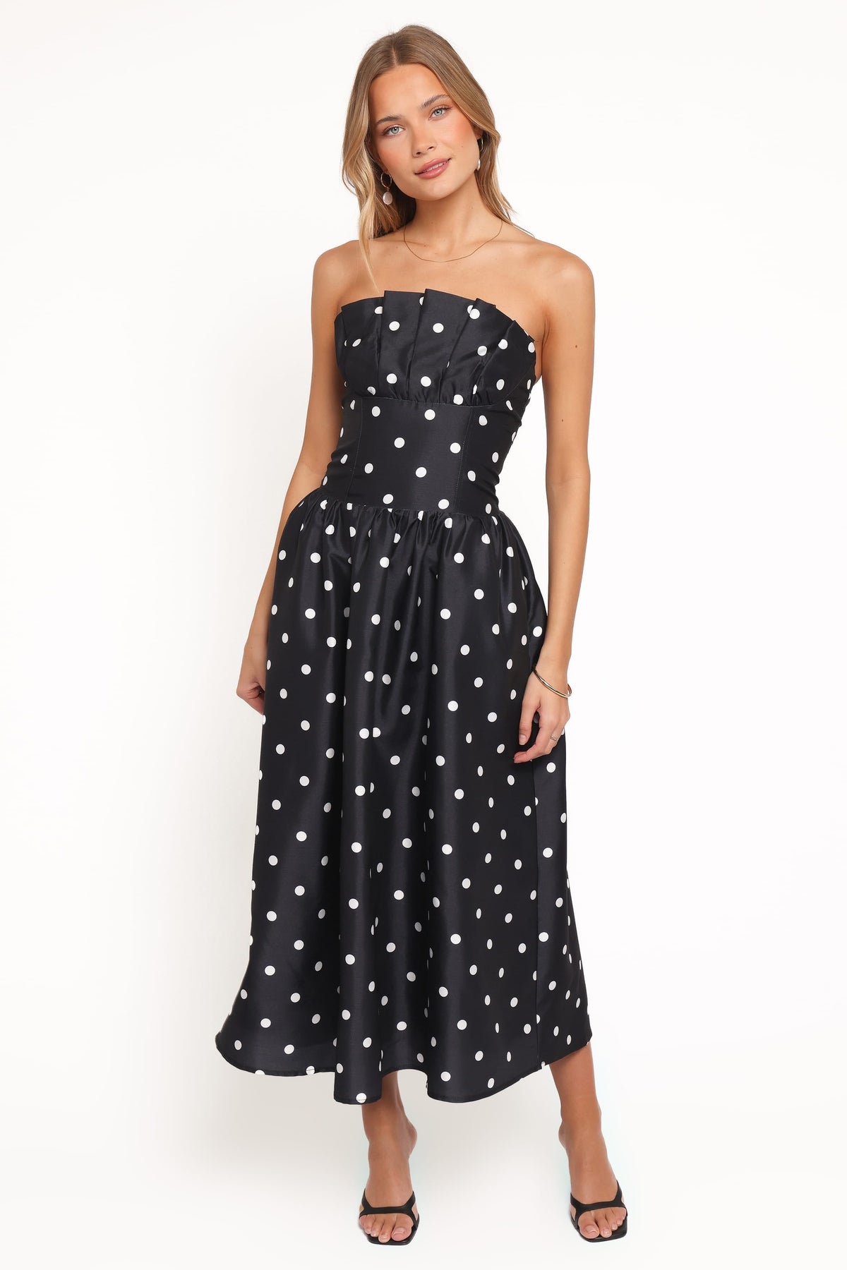 Kimbra Strapless Midi Dress in Black Polka Dot – view 2 of 7