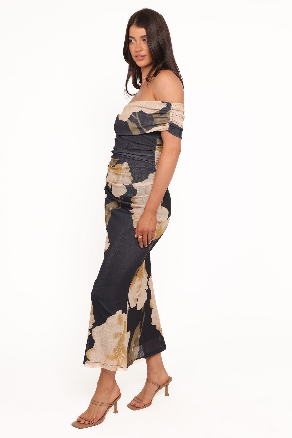 Koda Off Shoulder Midi Dress in Black Floral – view 3 of 6