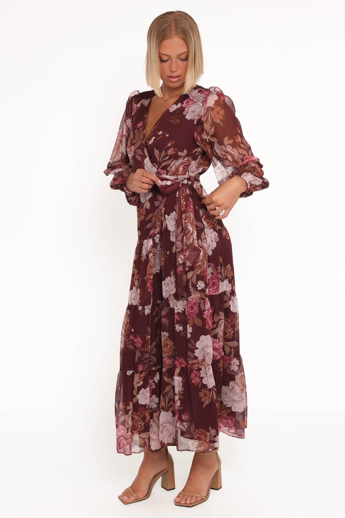 Korina Long Sleeve Maxi Dress in Burgundy Brandy Bloom – view 3 of 5