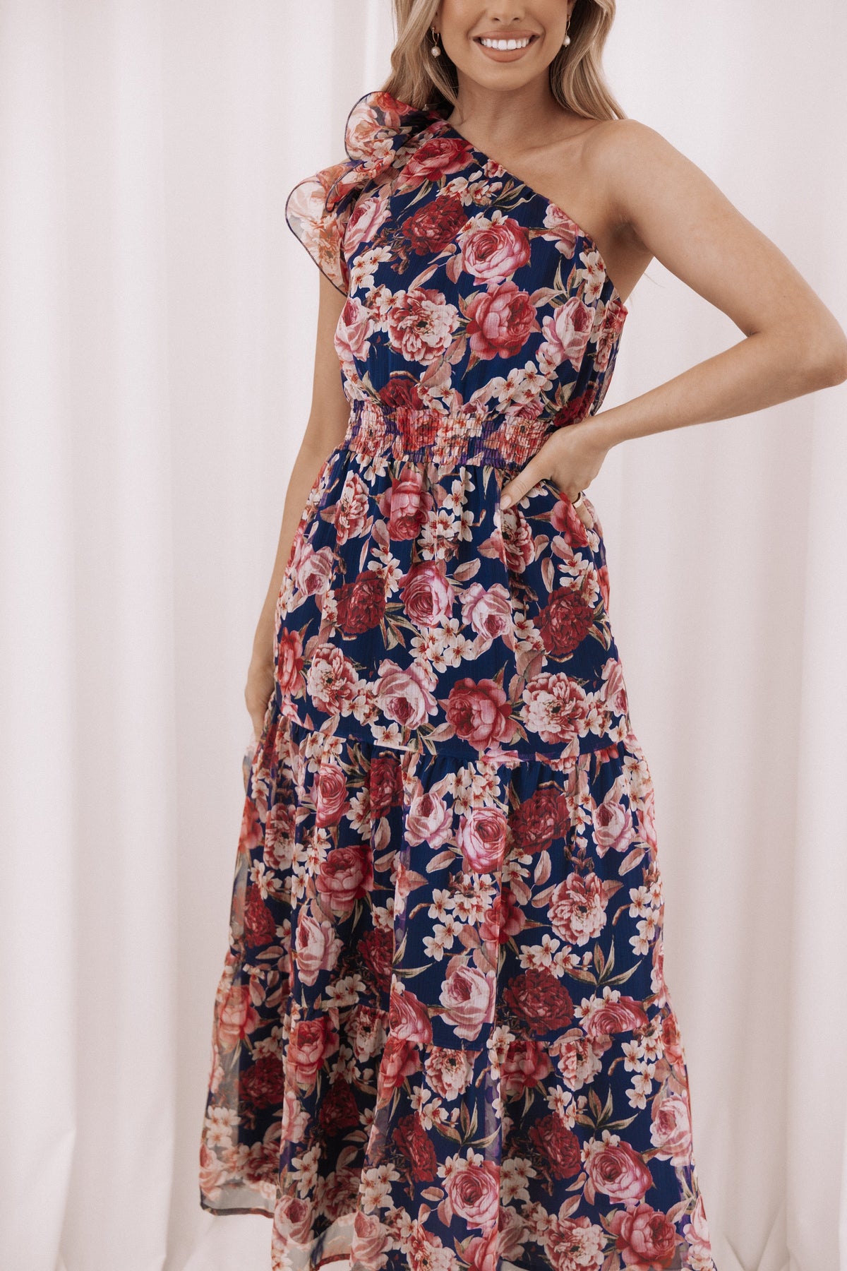 Layley One Shoulder Maxi Dress in Navy Floral – view 3 of 8