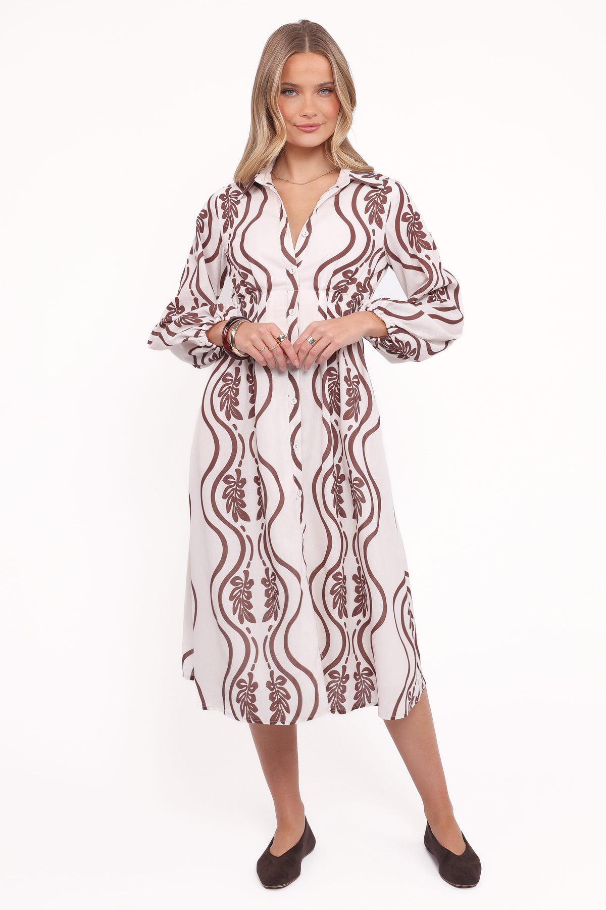 Lira Long Sleeve Midi Dress in Brown Print – view 1 of 5