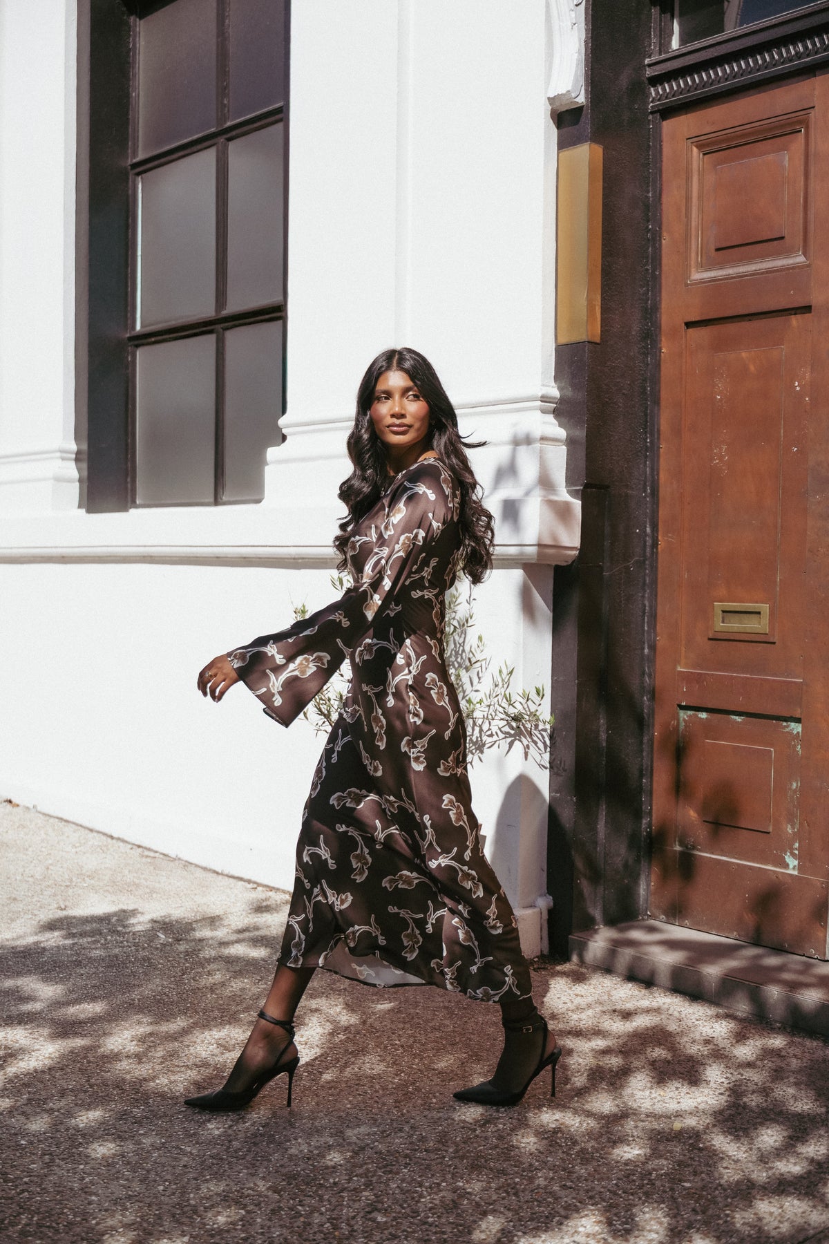 Maia Long Sleeve Maxi Dress in Chocolate Orchid – view 1 of 9