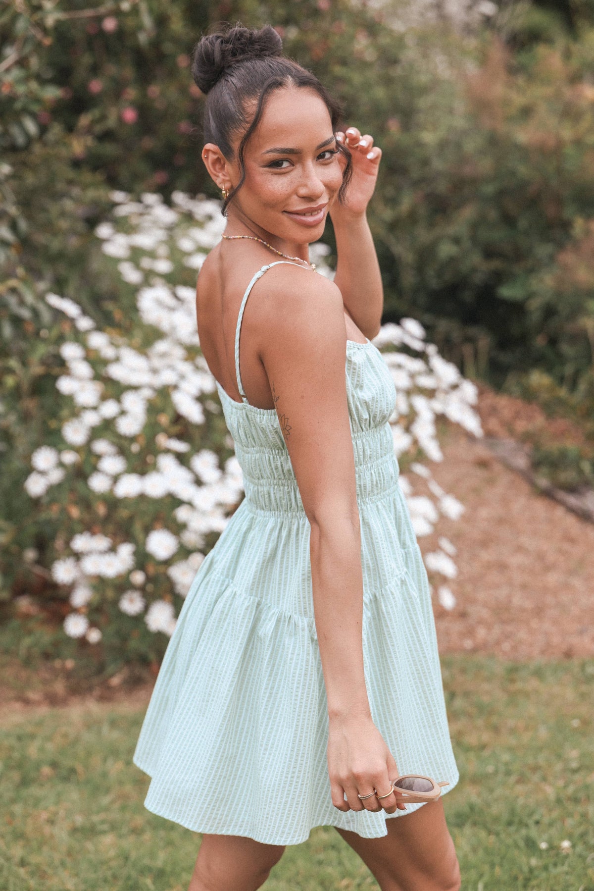 Makayla Mini Dress in Green Stripe – view 1 of 9