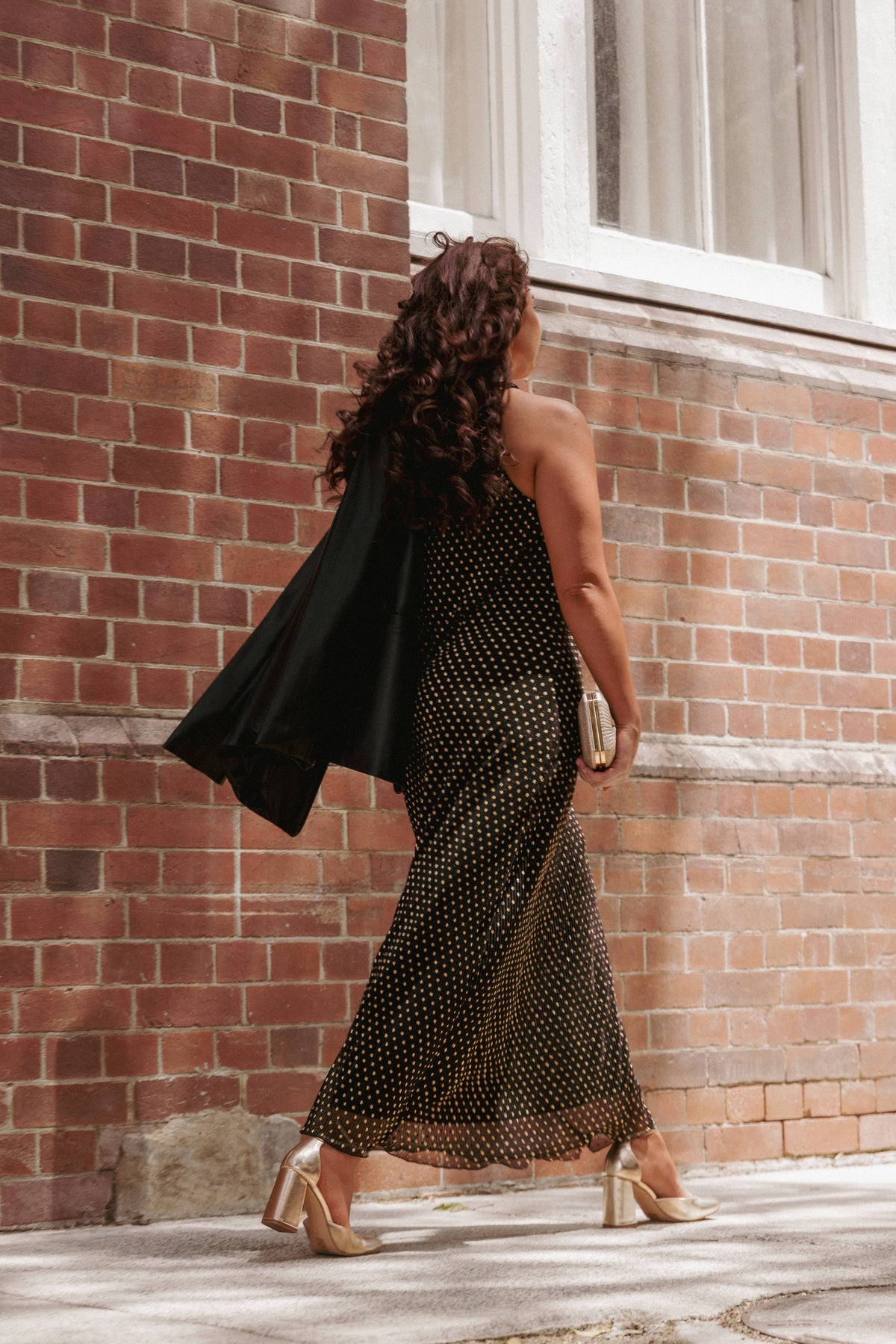Melody Plisse Halter Maxi Dress in Black/Gold Polka Dot – view 7 of 7