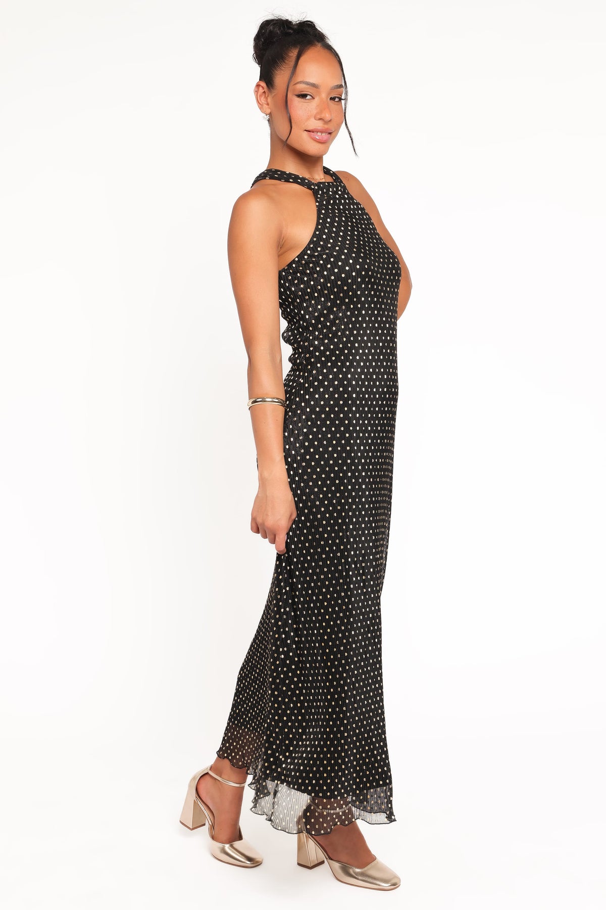 Melody Plisse Halter Maxi Dress in Black/Gold Polka Dot – view 4 of 7