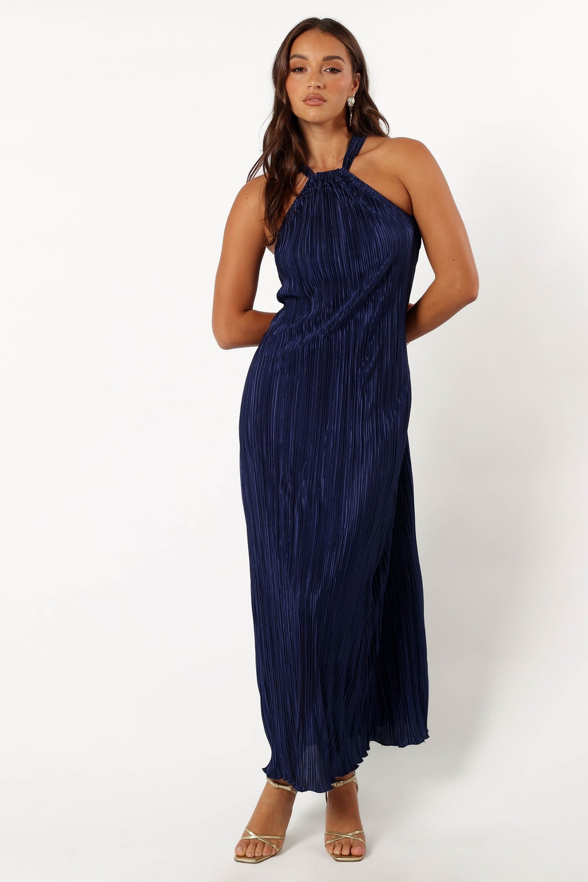 Melody Plisse Halter Maxi Dress in Navy – view 8 of 9