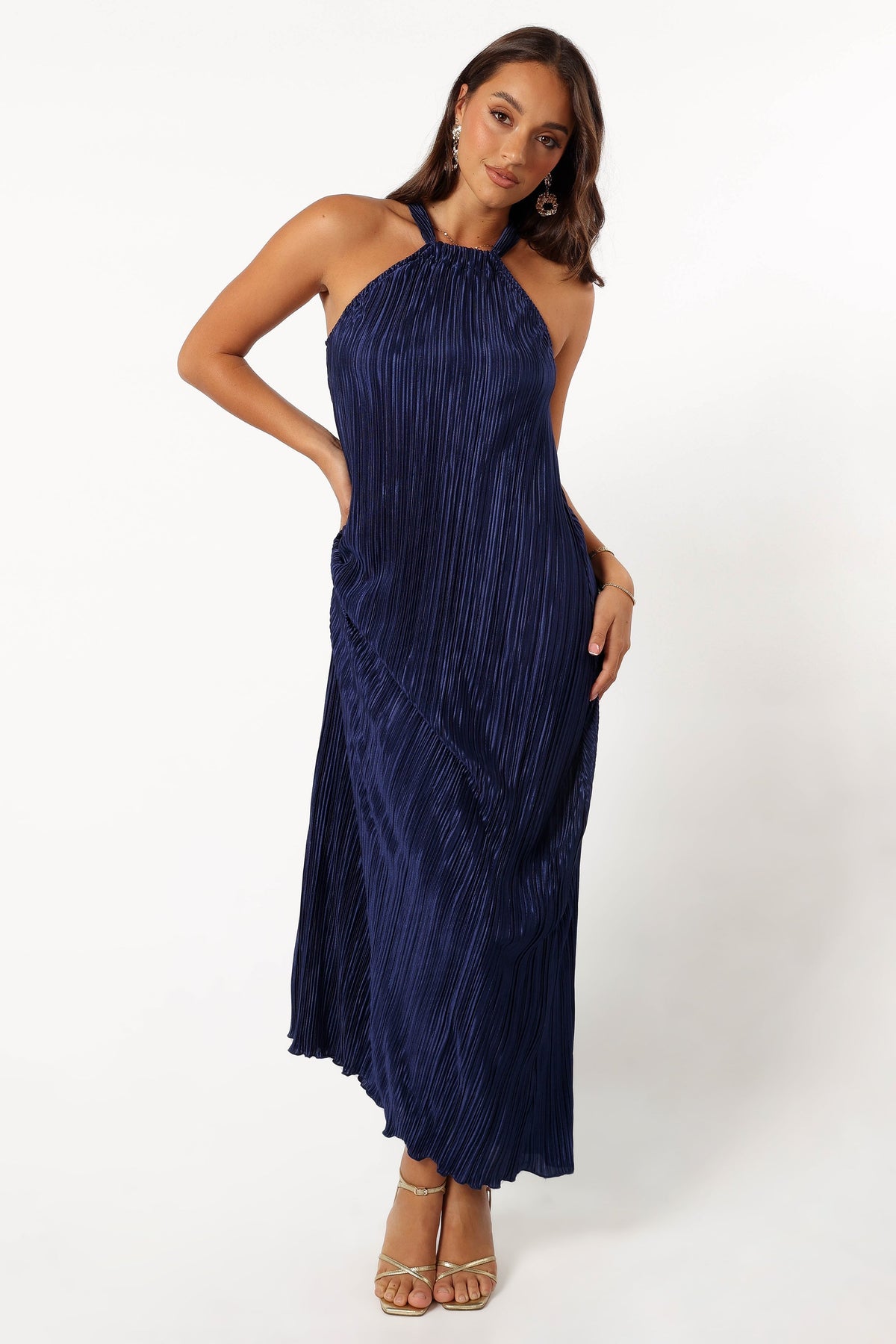 Melody Plisse Halter Maxi Dress in Navy – view 4 of 9