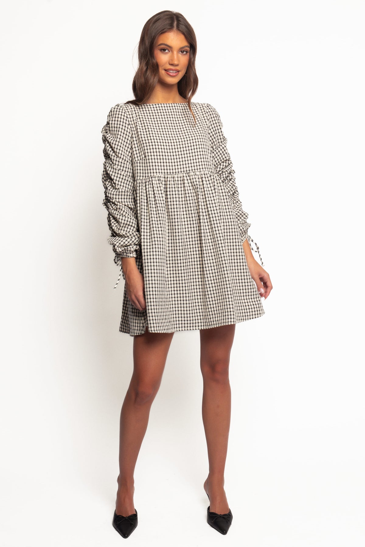 Micaela Long Sleeve Mini Dress in Black Gingham – view 6 of 7