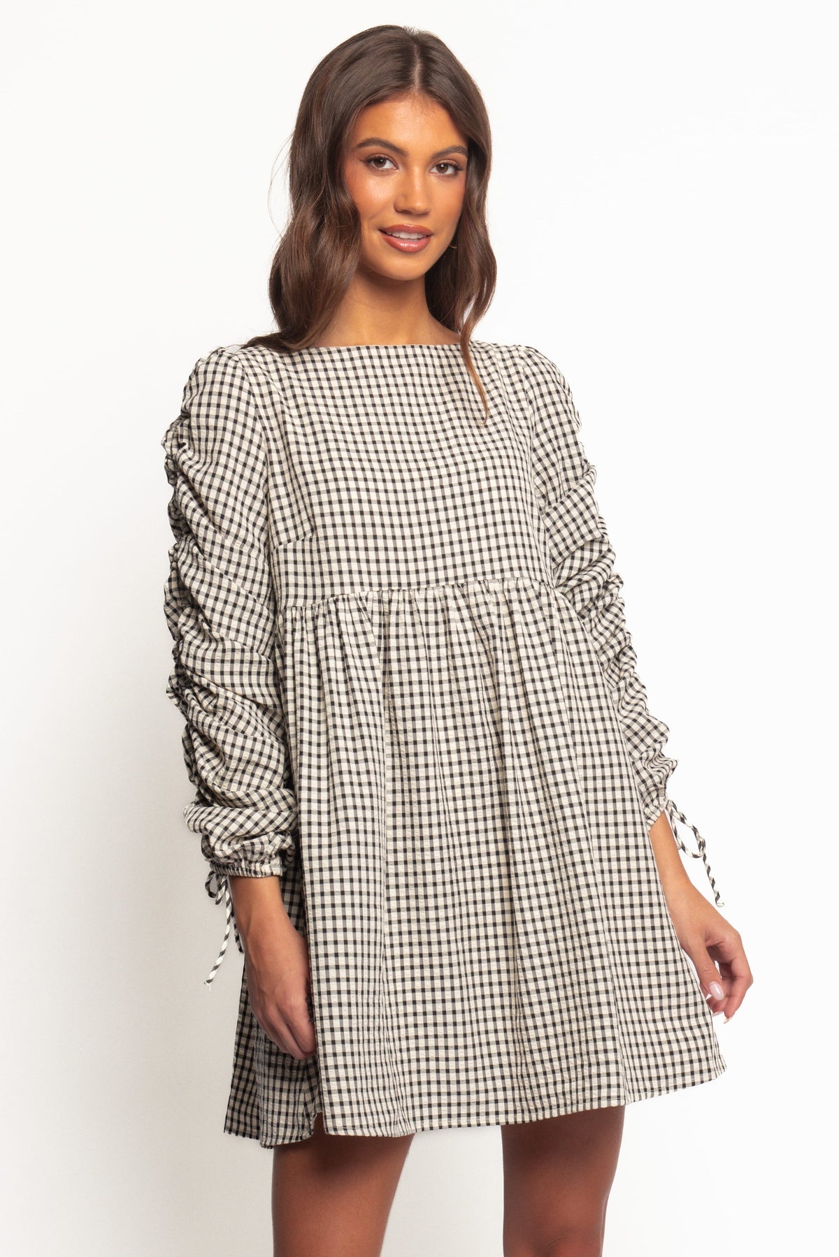 Micaela Long Sleeve Mini Dress in Black Gingham – view 2 of 7