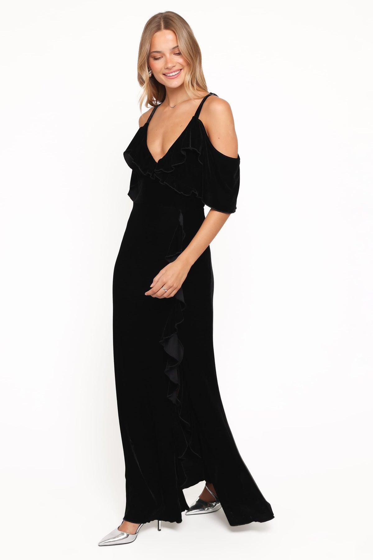 Micah Off Shoulder Velvet Maxi Dress in Black – view 3 of 6