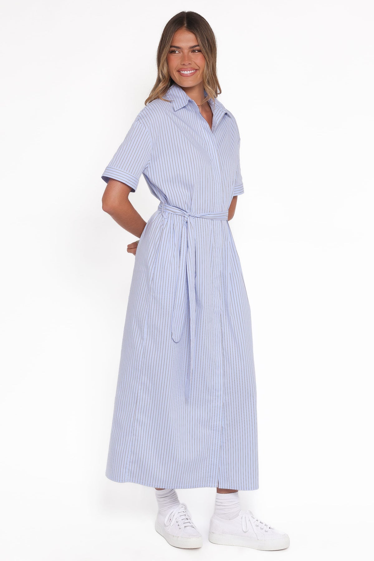 Morrison Short Sleeve Shirt Dress in Blue Brown Stripe – view 4 of 7