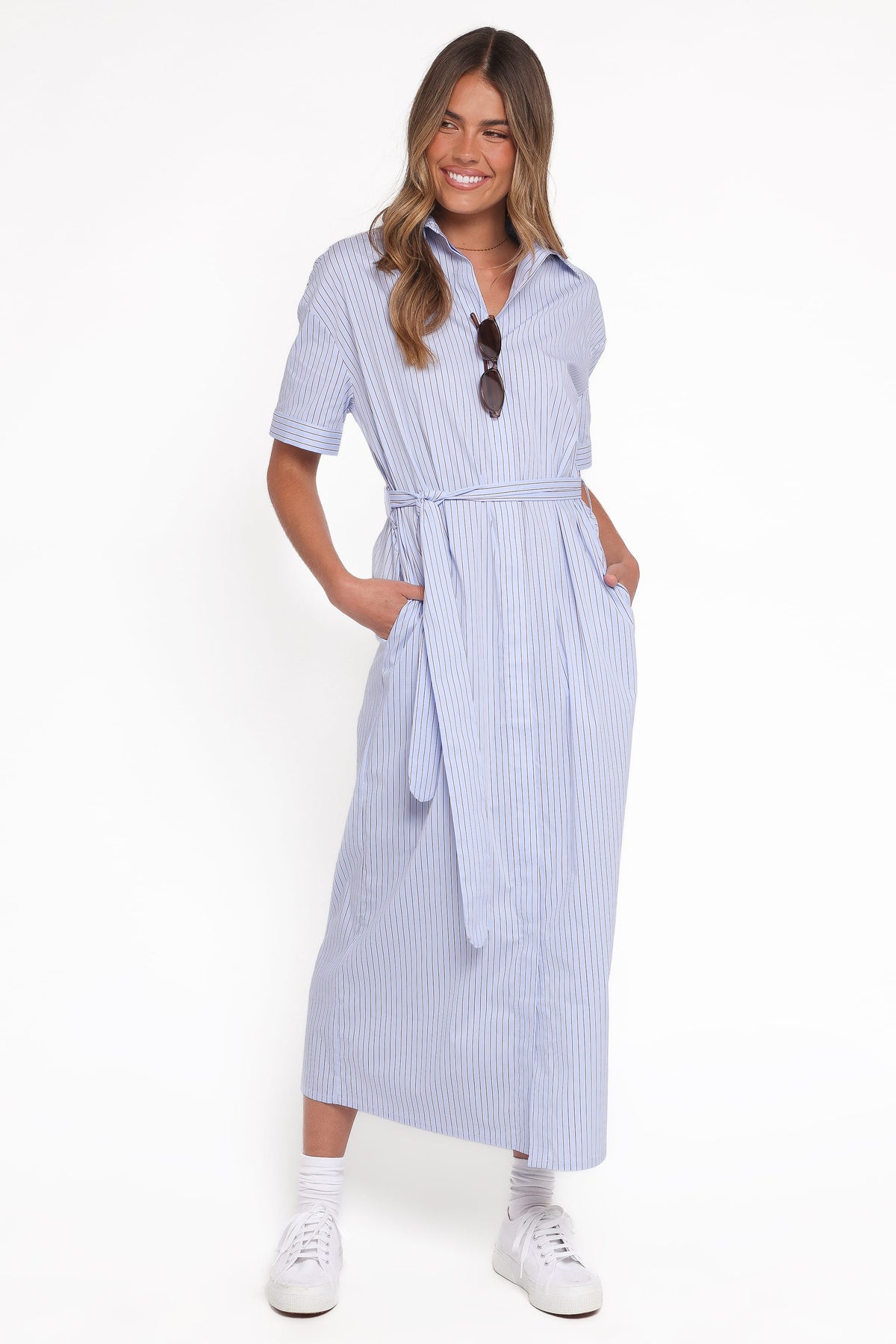 Morrison Short Sleeve Shirt Dress in Blue Brown Stripe – view 2 of 7
