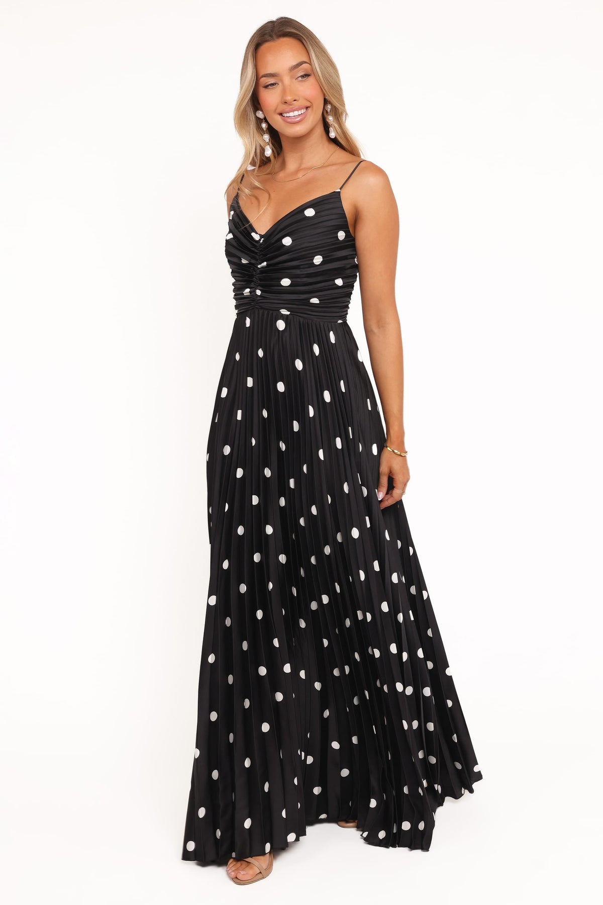 Naira Pleated Maxi Dress in Black Polka Dot – view 5 of 8