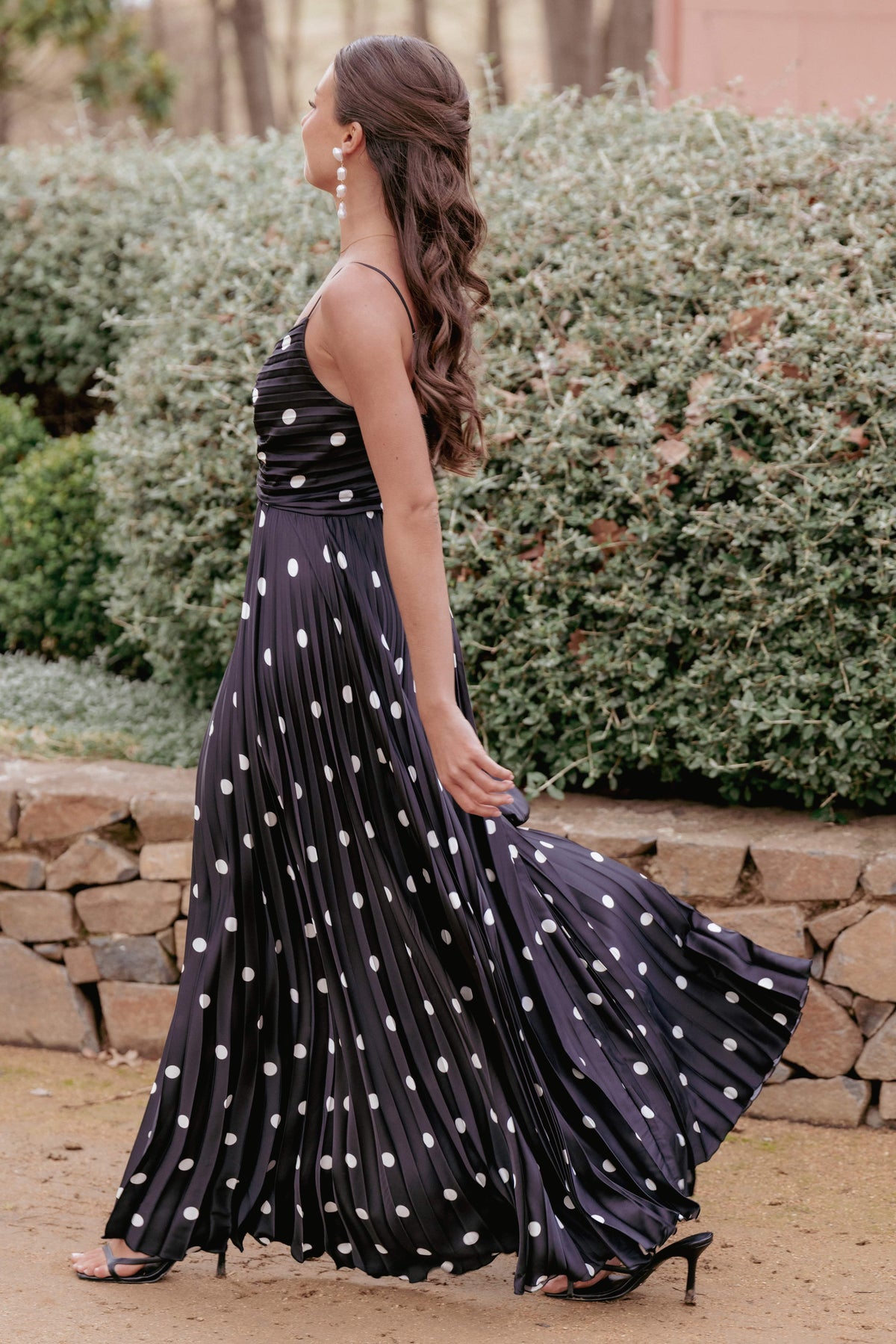 Naira Pleated Maxi Dress in Black Polka Dot – view 3 of 8