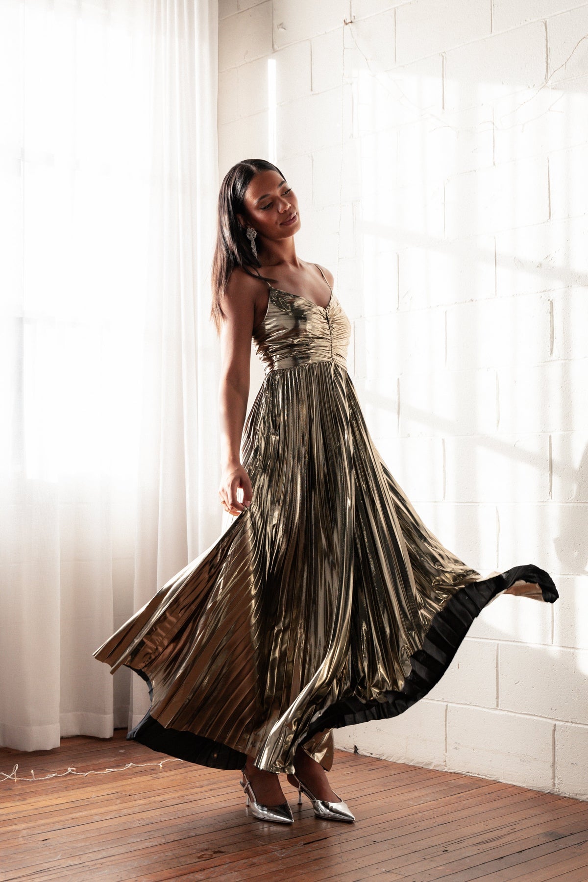 Naira Pleated Maxi Dress in Gold – view 2 of 9