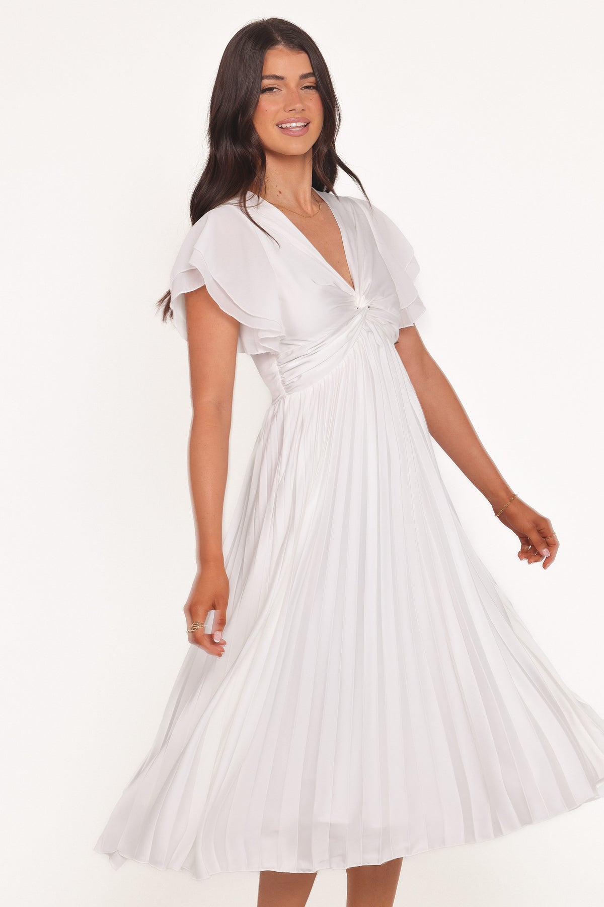 Nova Flutter Sleeve Midi Dress in White – view 1 of 7