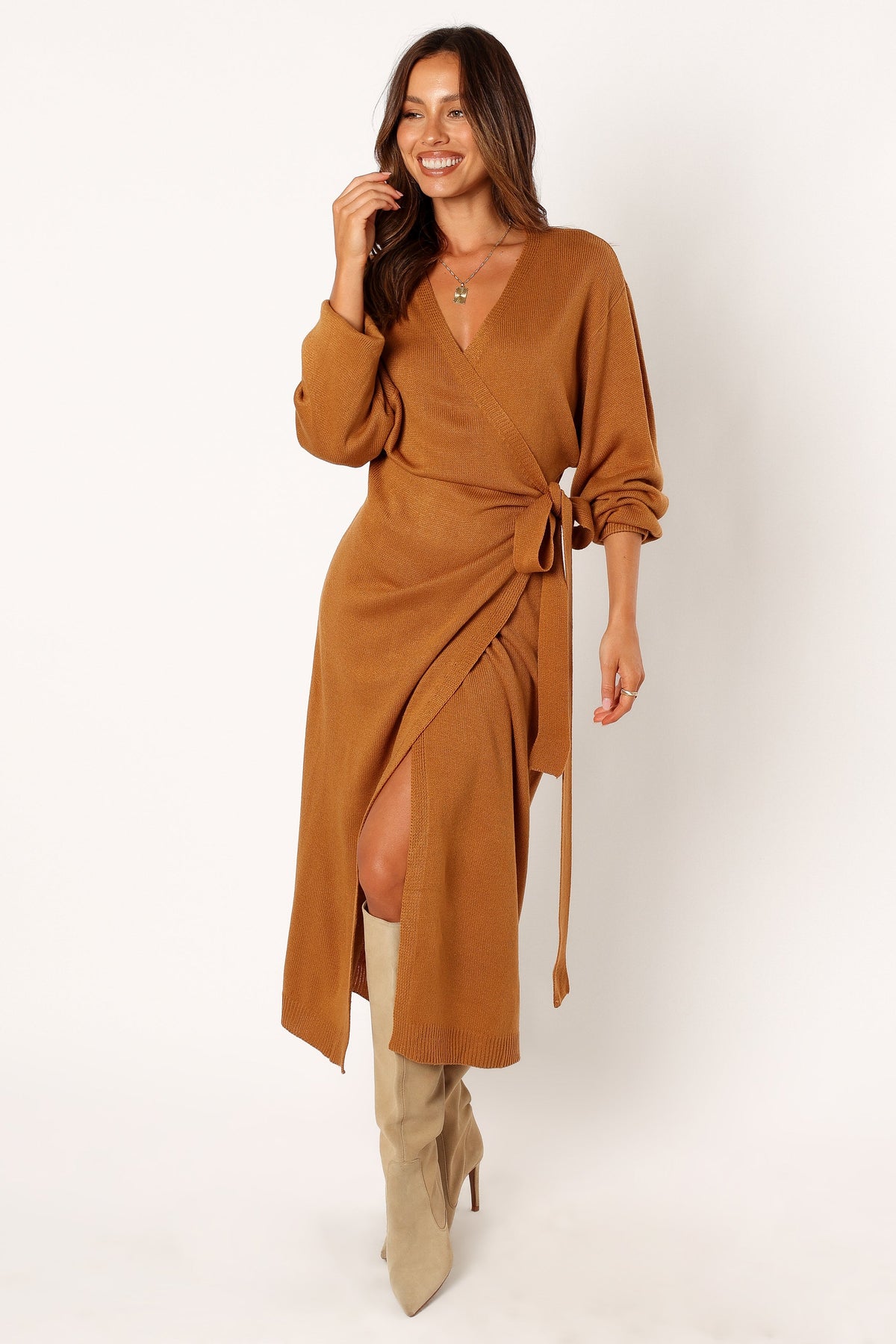 Nova Wrap Knit Midi Dress in Camel – view 3 of 12