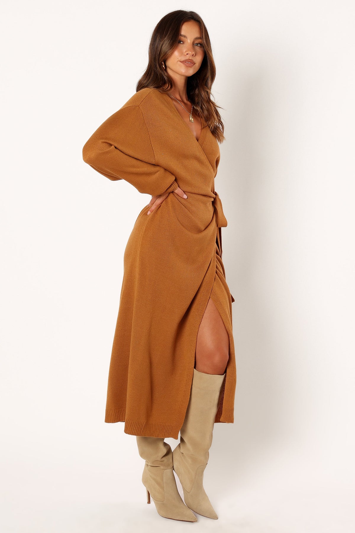 Nova Wrap Knit Midi Dress in Camel – view 7 of 12