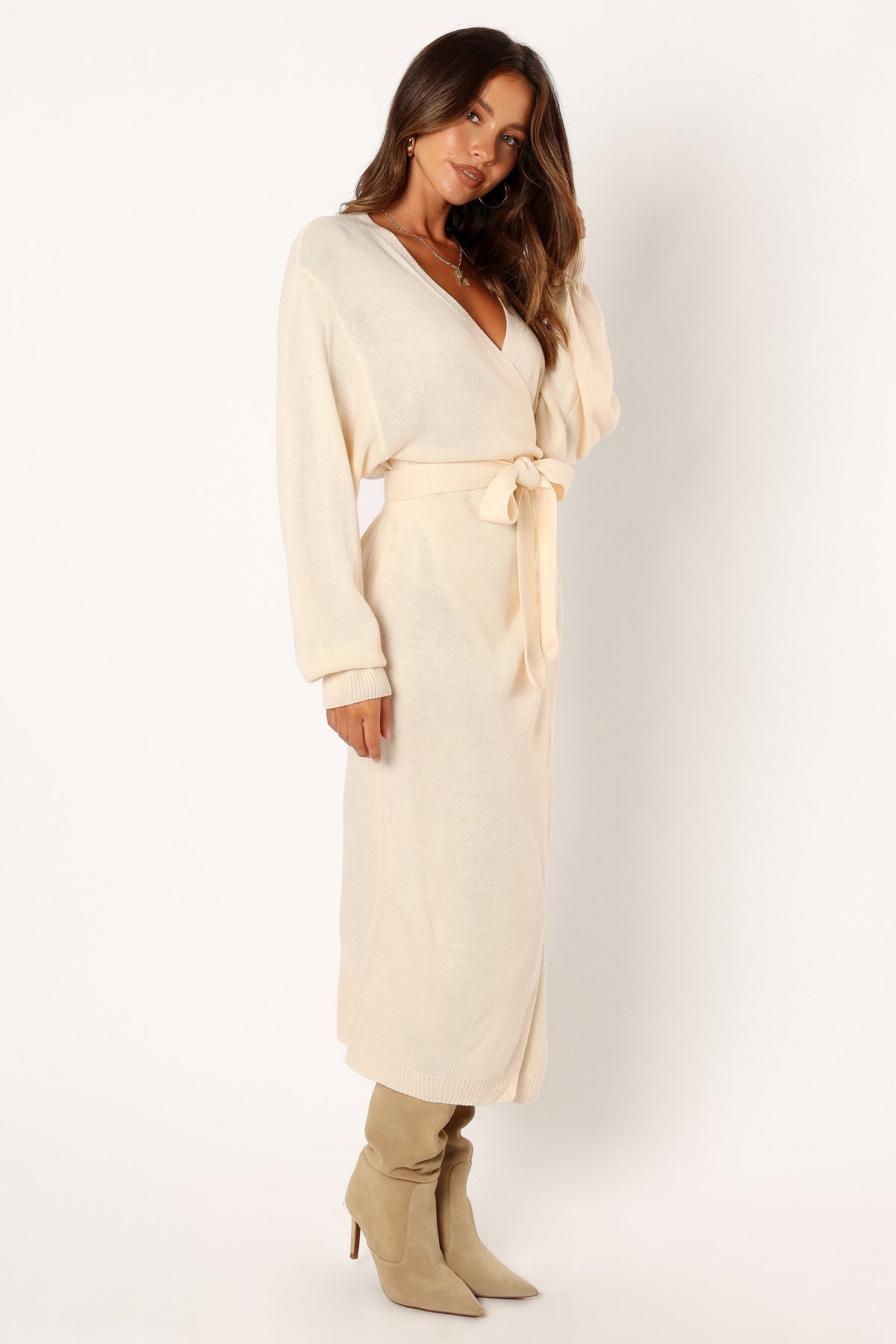 Nova Wrap Knit Midi Dress in Taupe – view 7 of 10