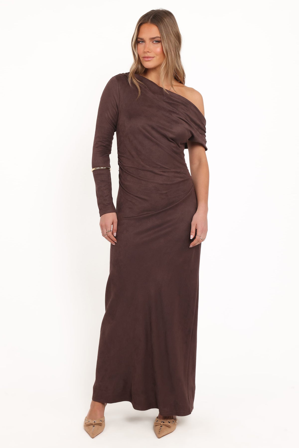 Olympia Off Shoulder Maxi Dress in Chocolate – view 6 of 7