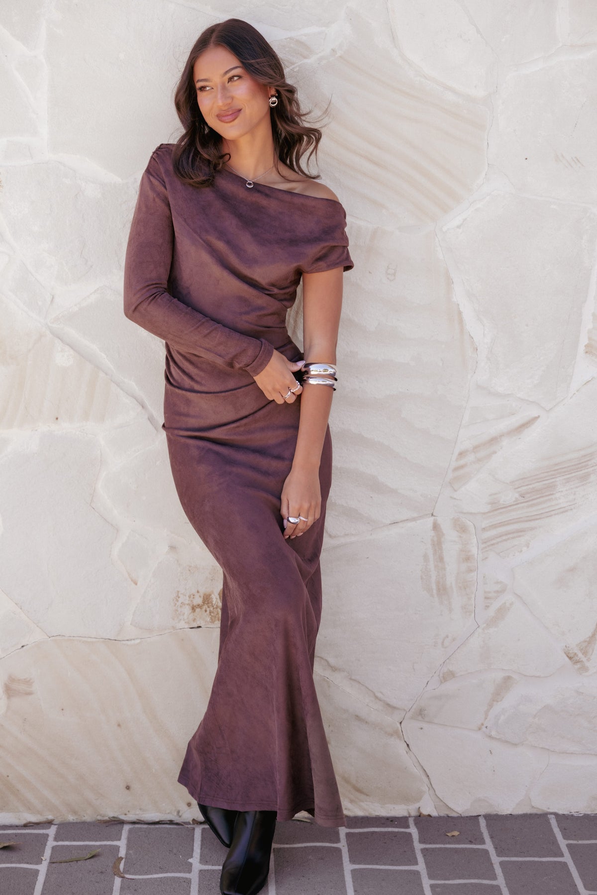 Olympia Off Shoulder Maxi Dress in Chocolate – view 1 of 7