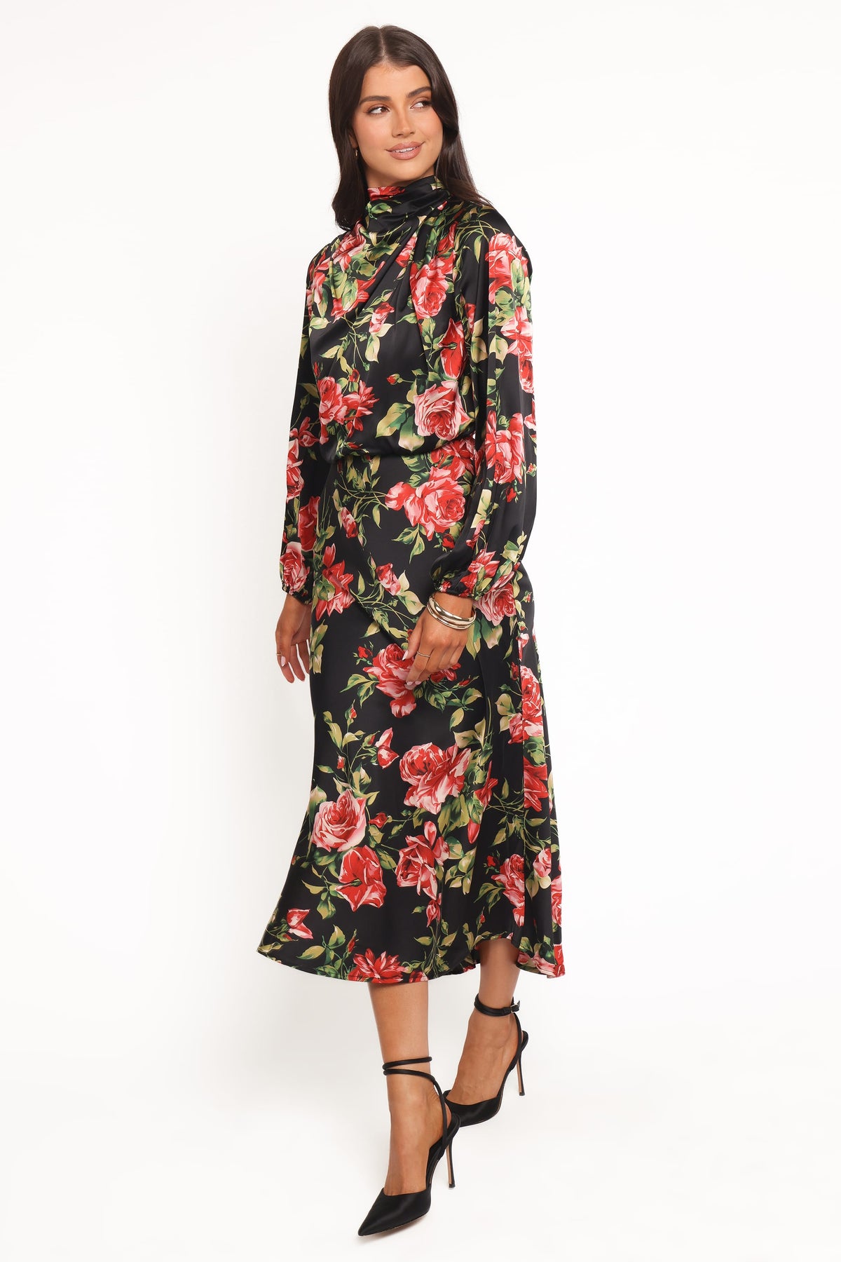 Perrie Long Sleeve Midi Dress in Black Floral – view 3 of 5