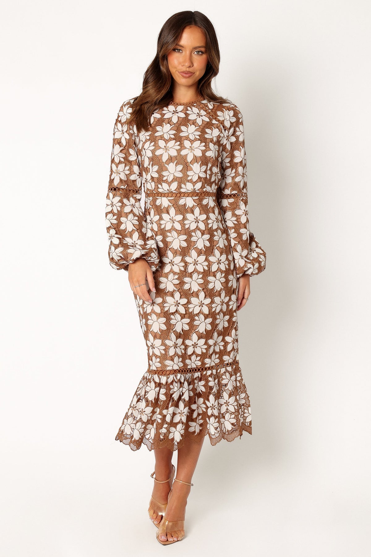 Pierre Long Sleeve Lace Maxi Dress in Mocha – view 9 of 13