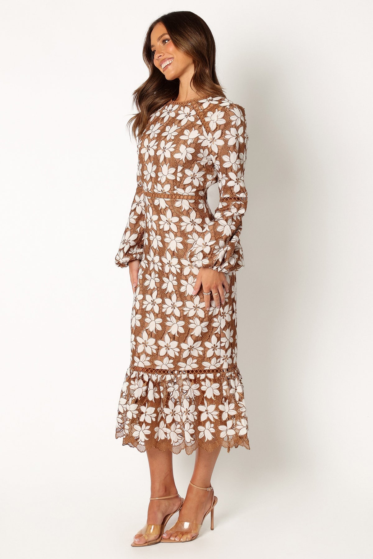 Pierre Long Sleeve Lace Maxi Dress in Mocha – view 11 of 13