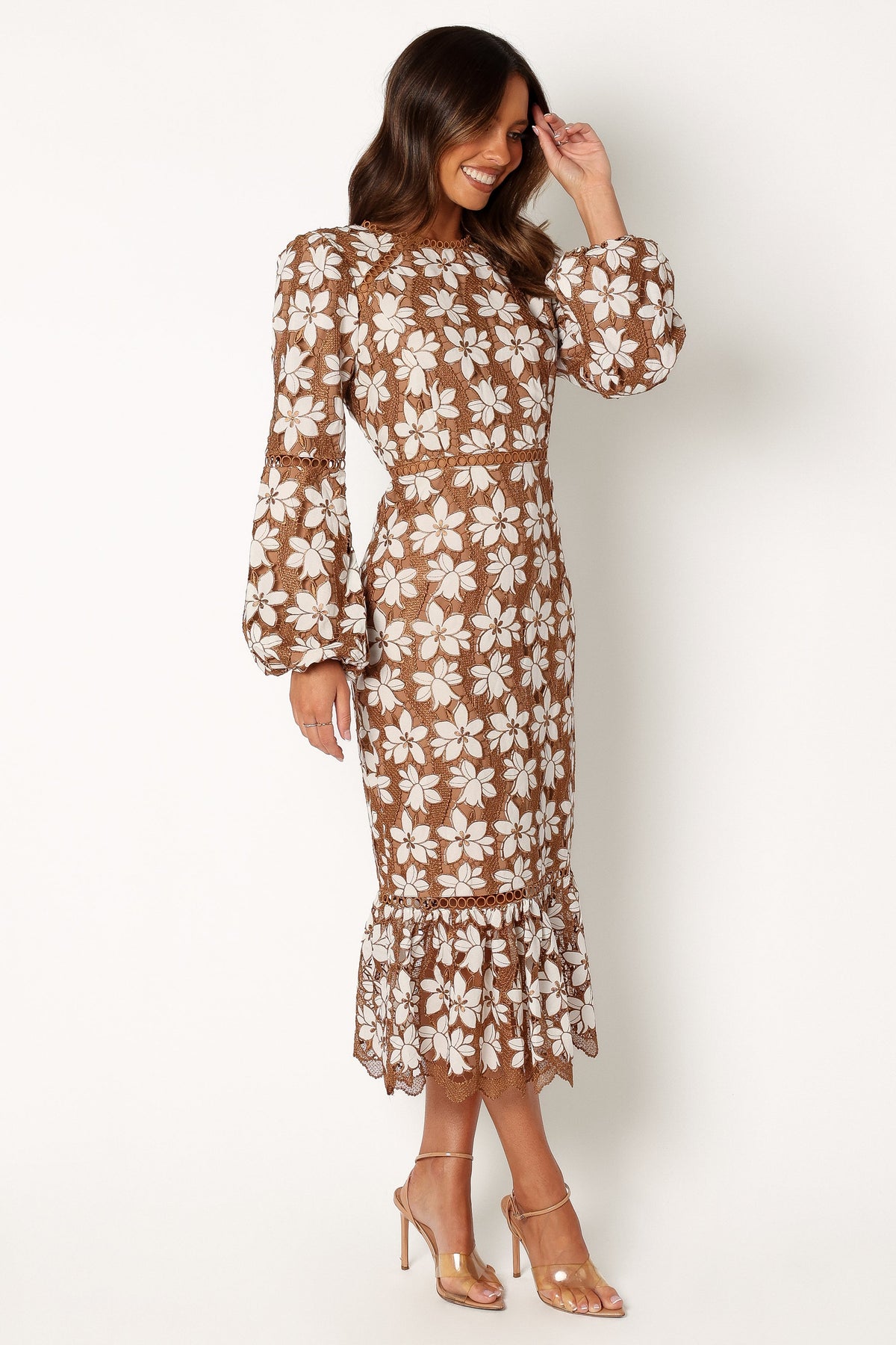 Pierre Long Sleeve Lace Maxi Dress in Mocha – view 12 of 13