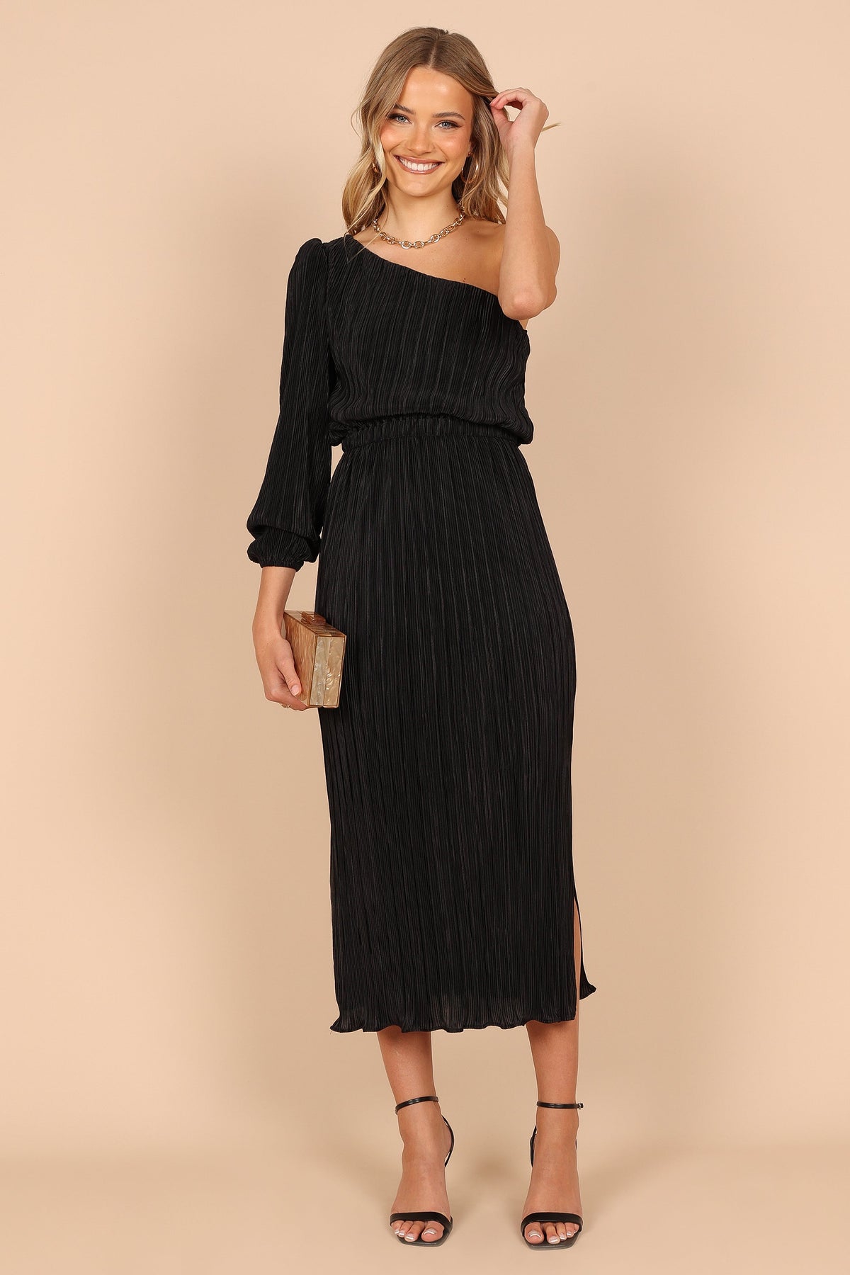 Pontee One Shoulder Pleated Midi Dress in Black – view 5 of 8
