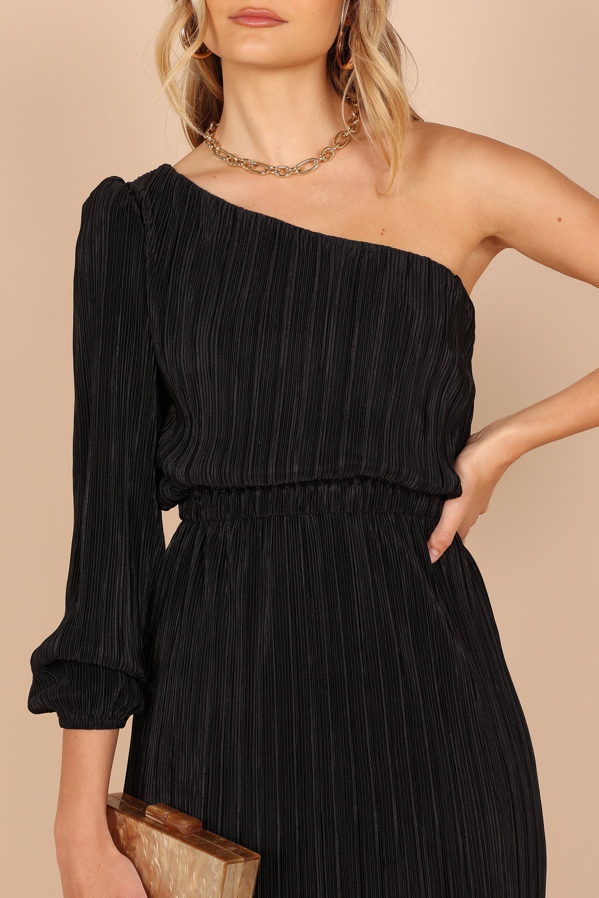 Pontee One Shoulder Pleated Midi Dress in Black – view 6 of 8