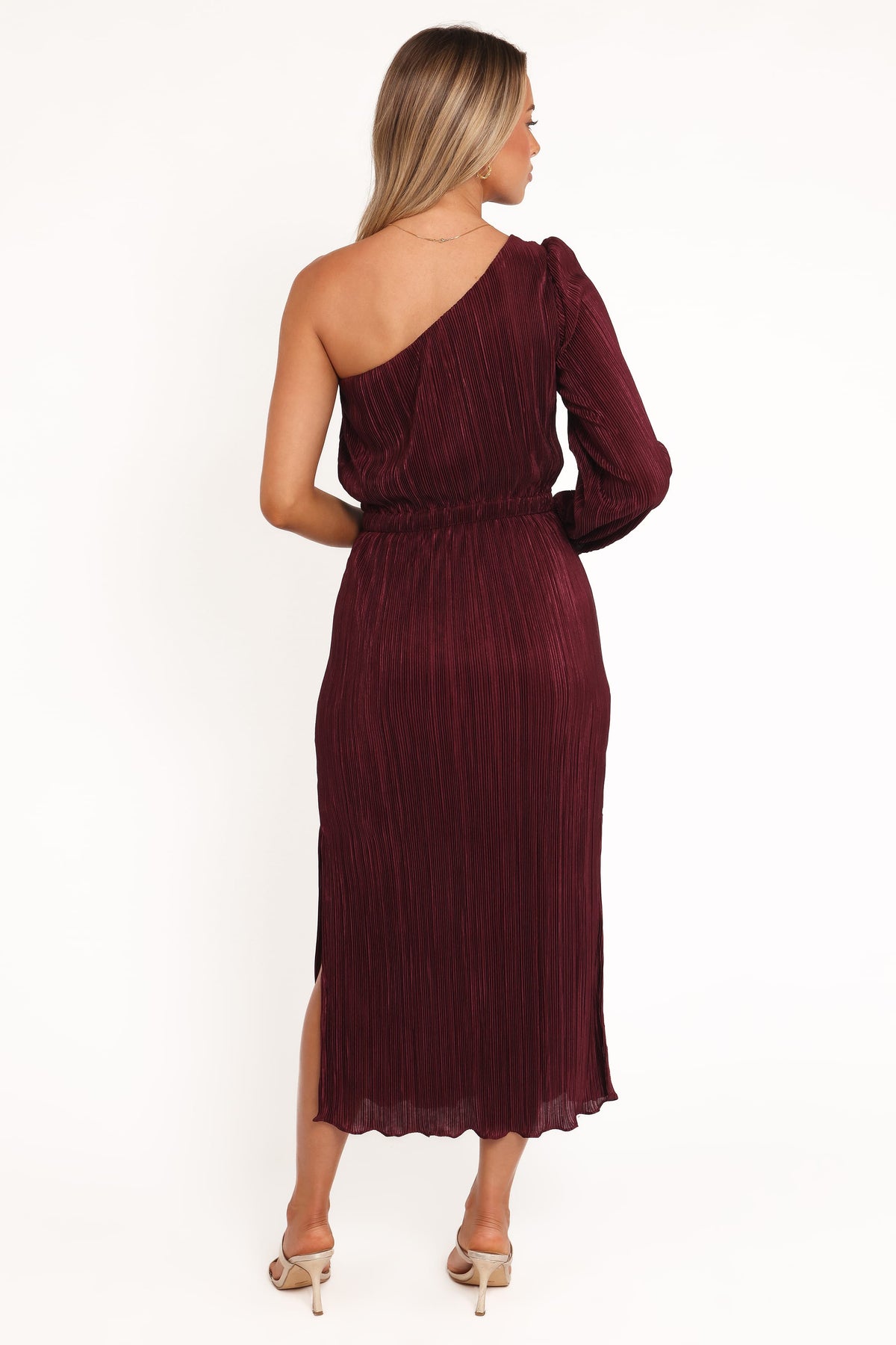 Pontee One Shoulder Pleated Midi Dress in Burgundy – view 5 of 8