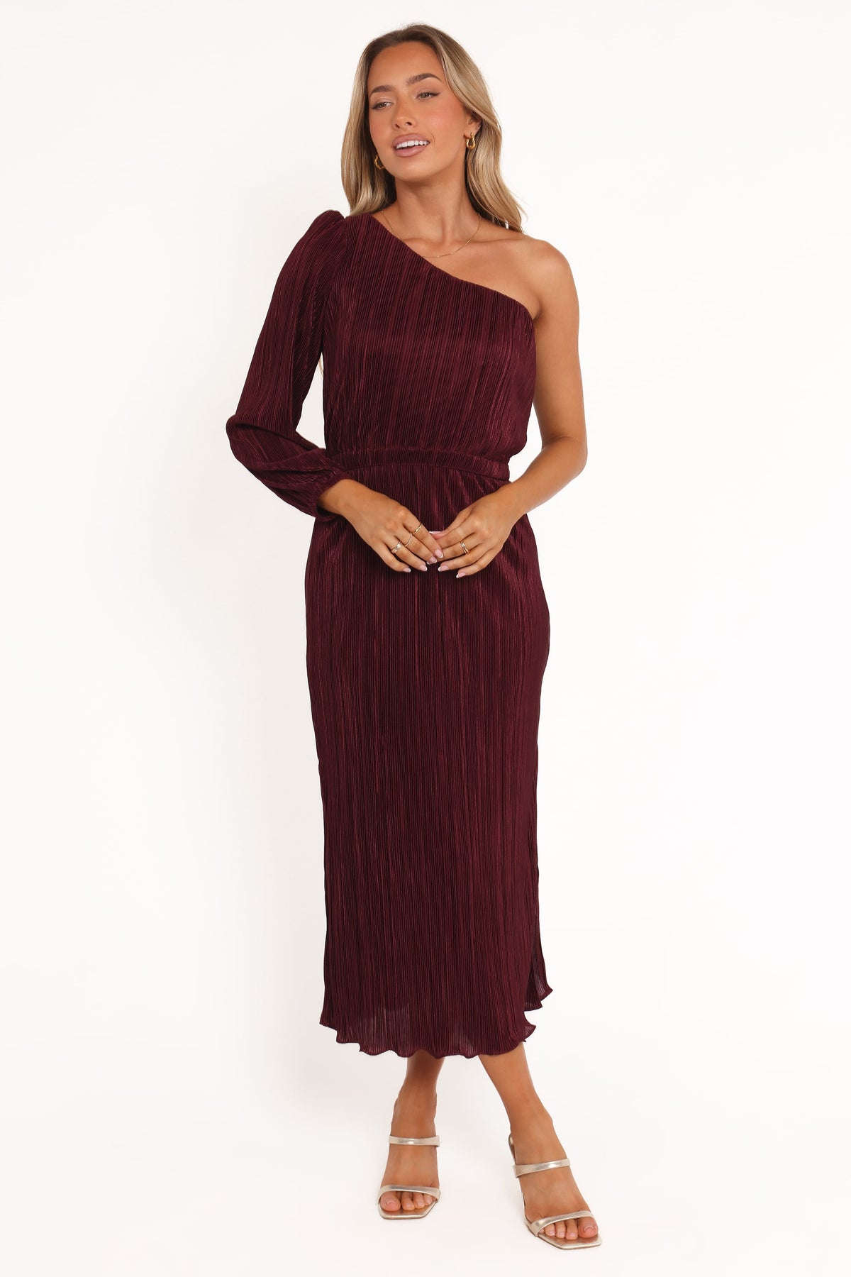 Pontee One Shoulder Pleated Midi Dress in Burgundy – view 6 of 8