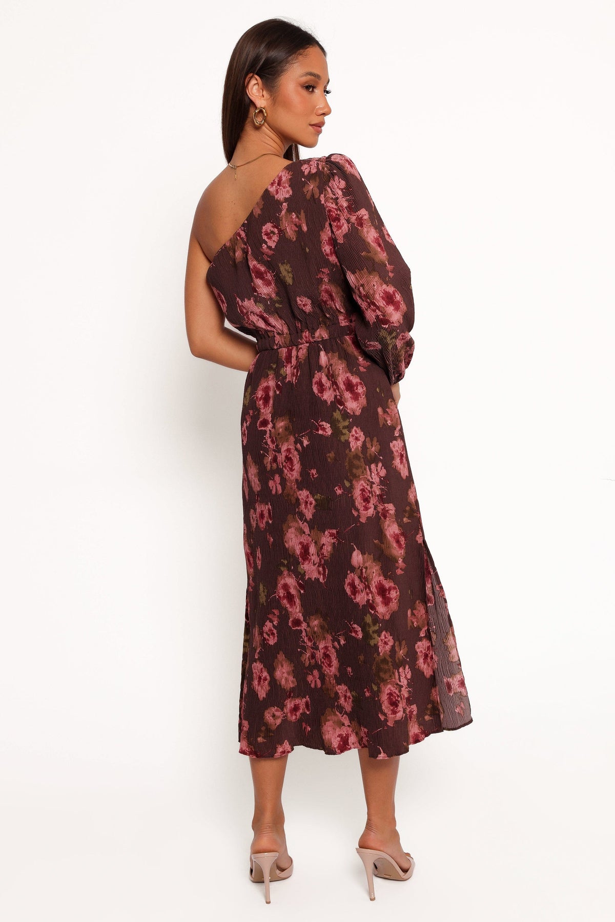 Pontee One Shoulder Pleated Midi Dress in Chocolate Brown – view 6 of 8