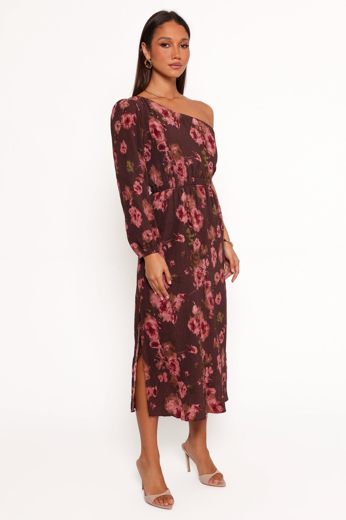 Pontee One Shoulder Pleated Midi Dress in Chocolate Brown – view 7 of 8