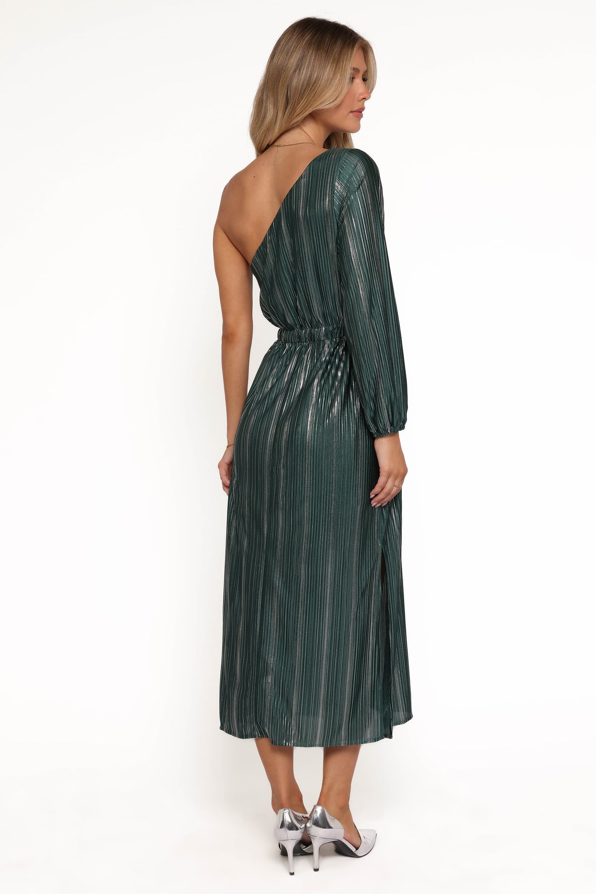 Pontee One Shoulder Pleated Midi Dress in Green – view 4 of 5