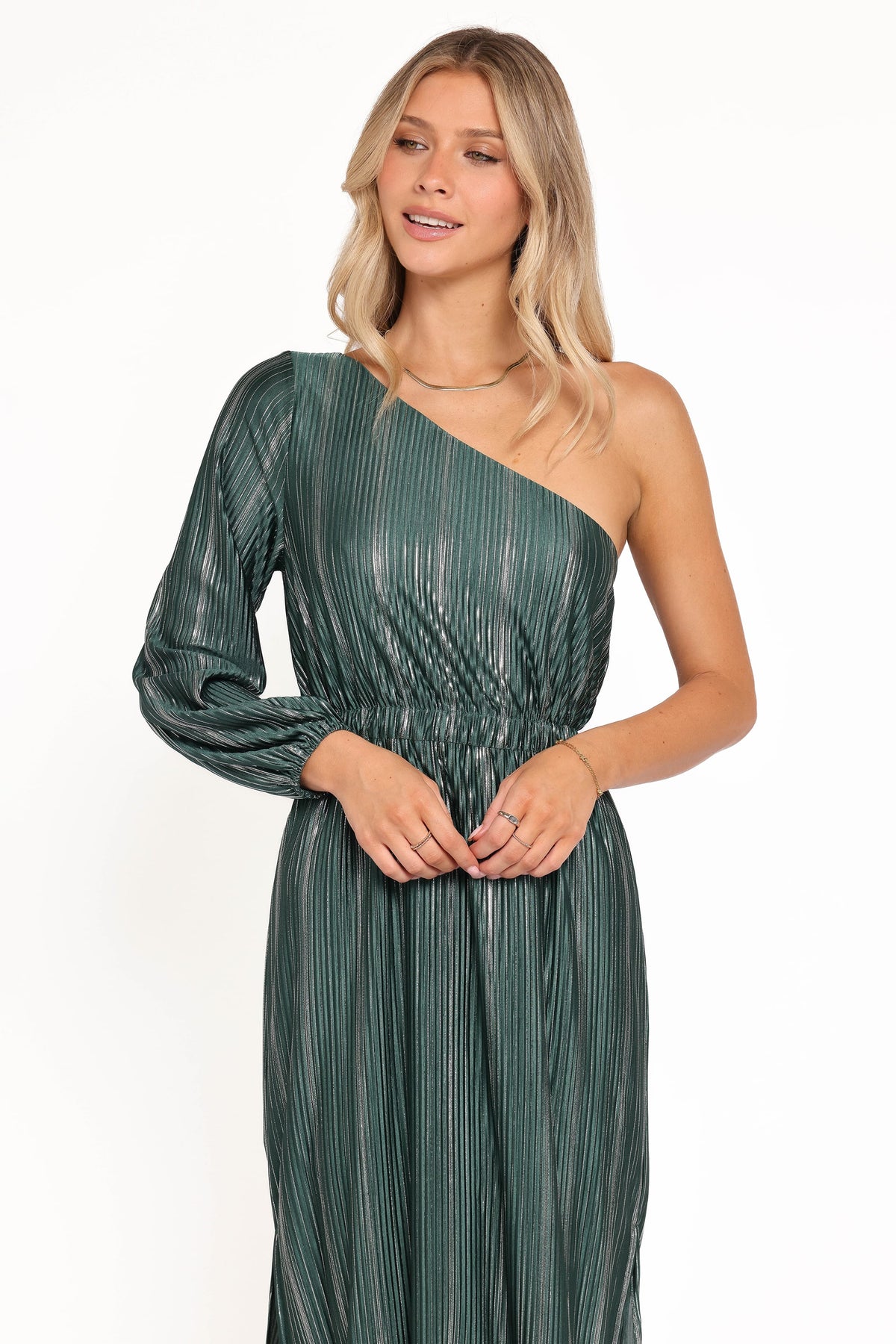 Pontee One Shoulder Pleated Midi Dress in Green – view 2 of 5
