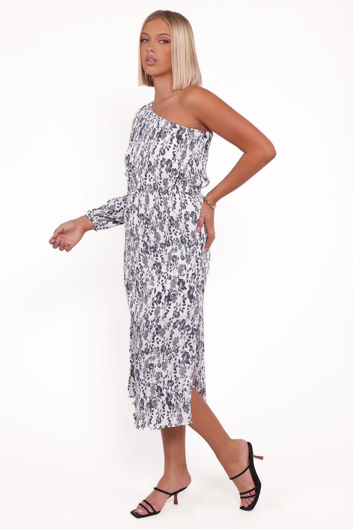 Pontee One Shoulder Pleated Midi Dress in Navy Floral – view 4 of 6