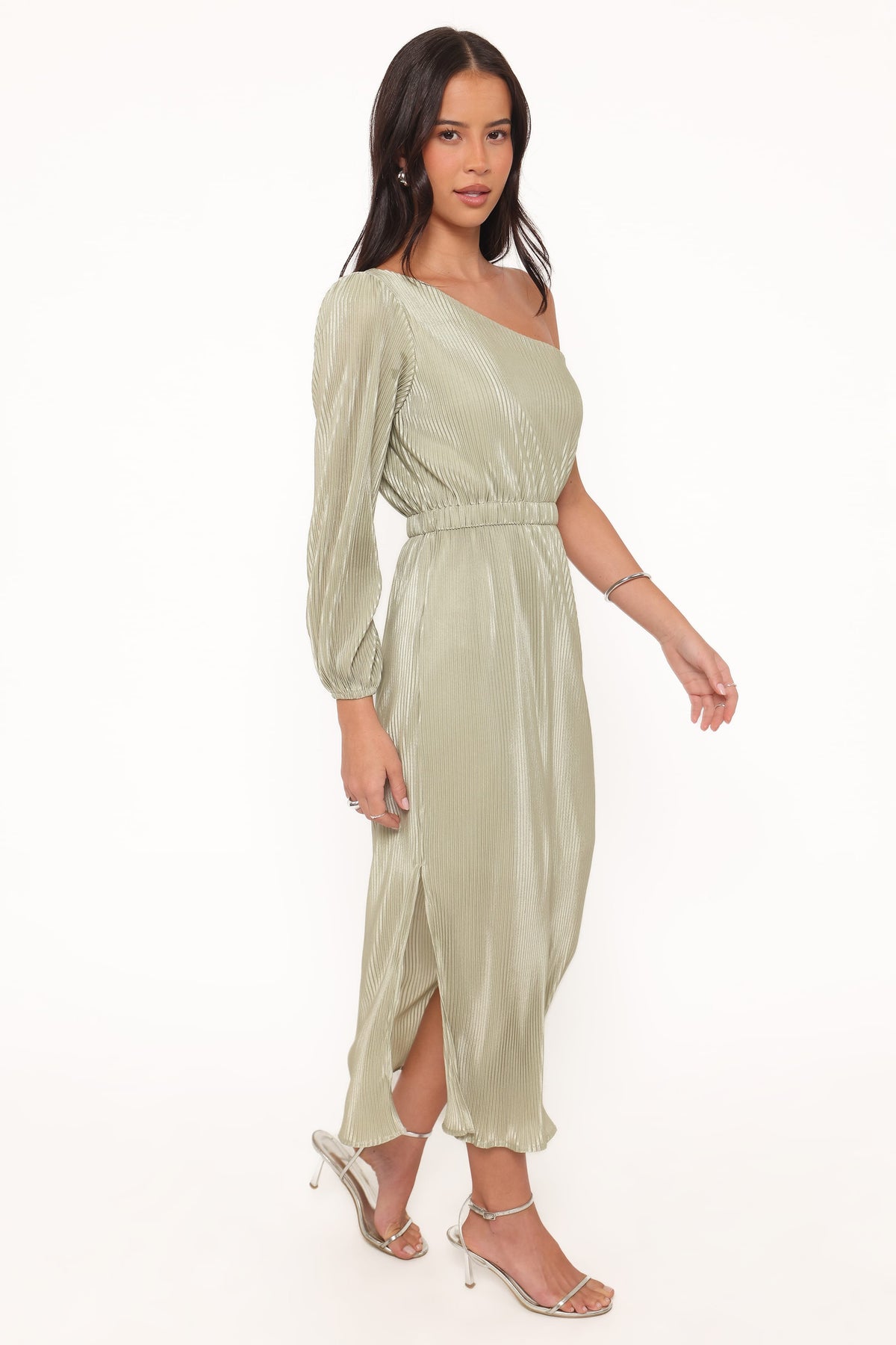 Pontee One Shoulder Pleated Midi Dress in Sage Green – view 5 of 8