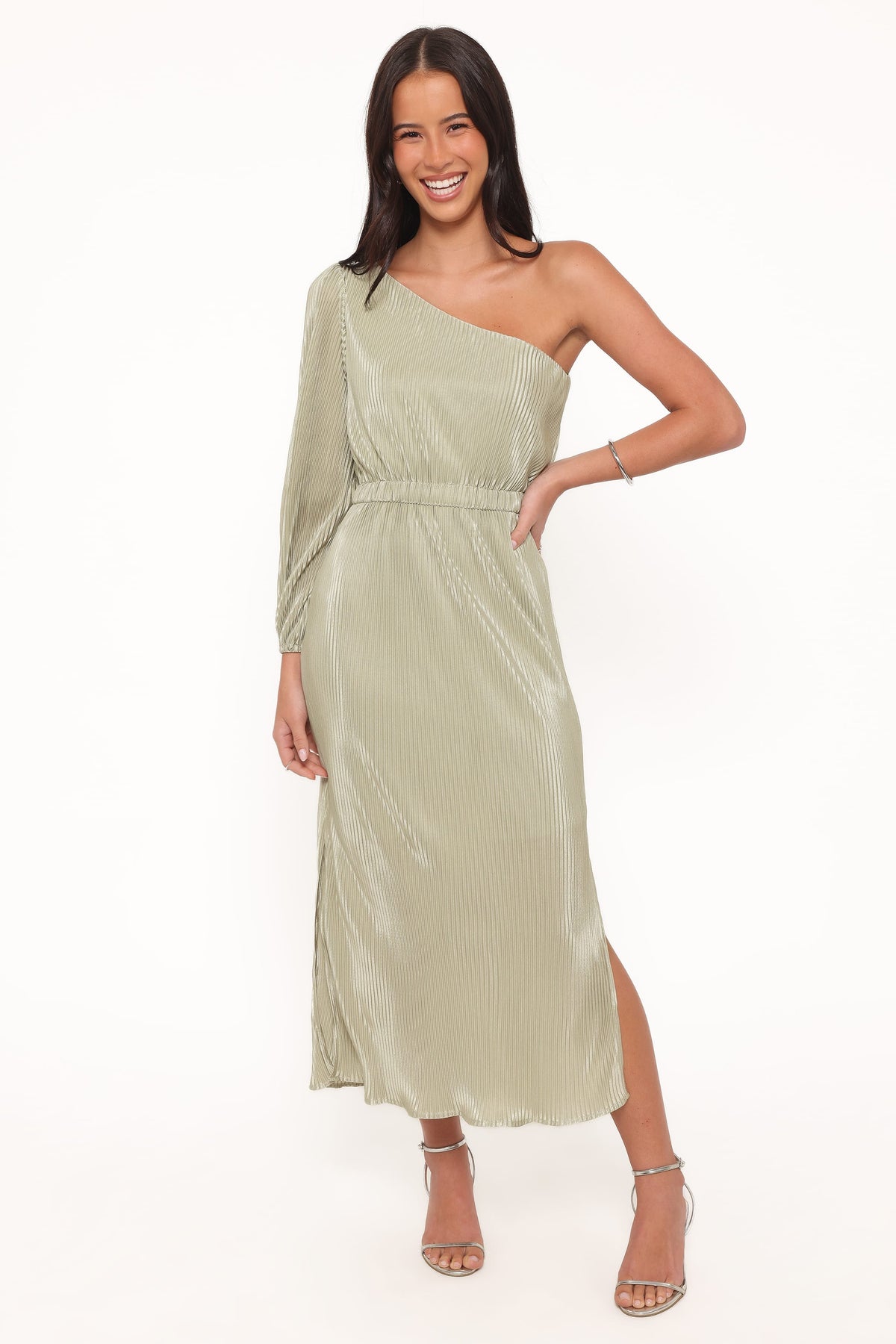 Pontee One Shoulder Pleated Midi Dress in Sage Green – view 2 of 8