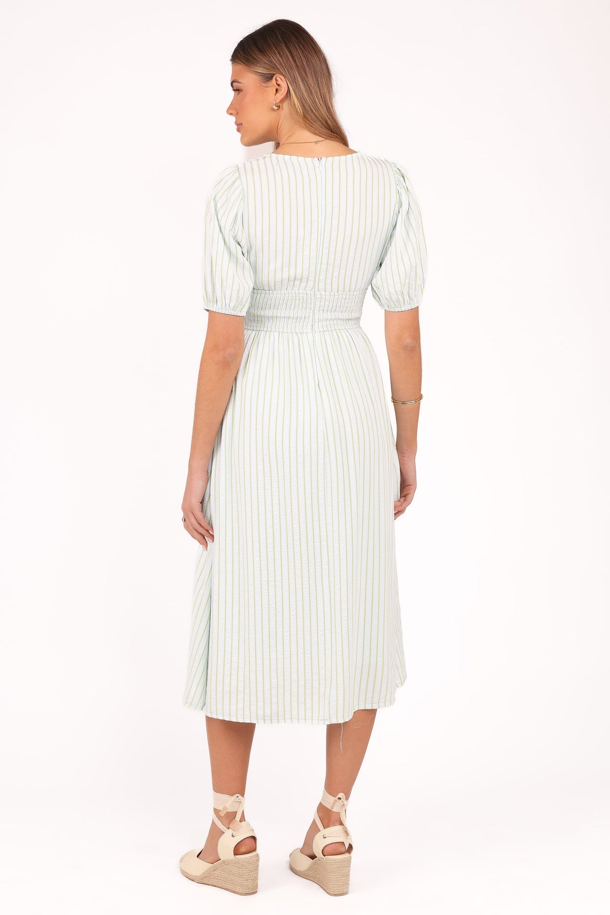 Ronnie Short Sleeve Midi Dress in Green Blue Stripe – view 4 of 8