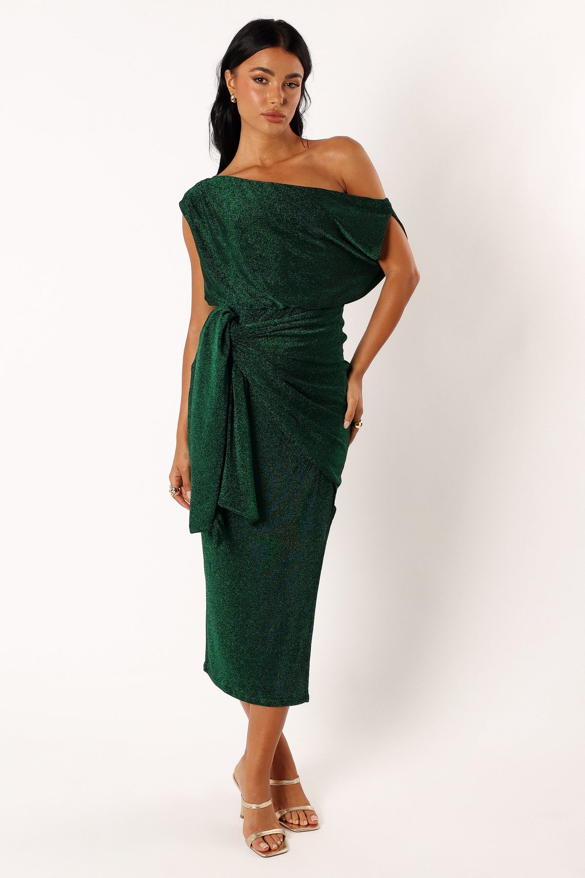 Santiago Off Shoulder Midi Dress in Emerald – view 1 of 6