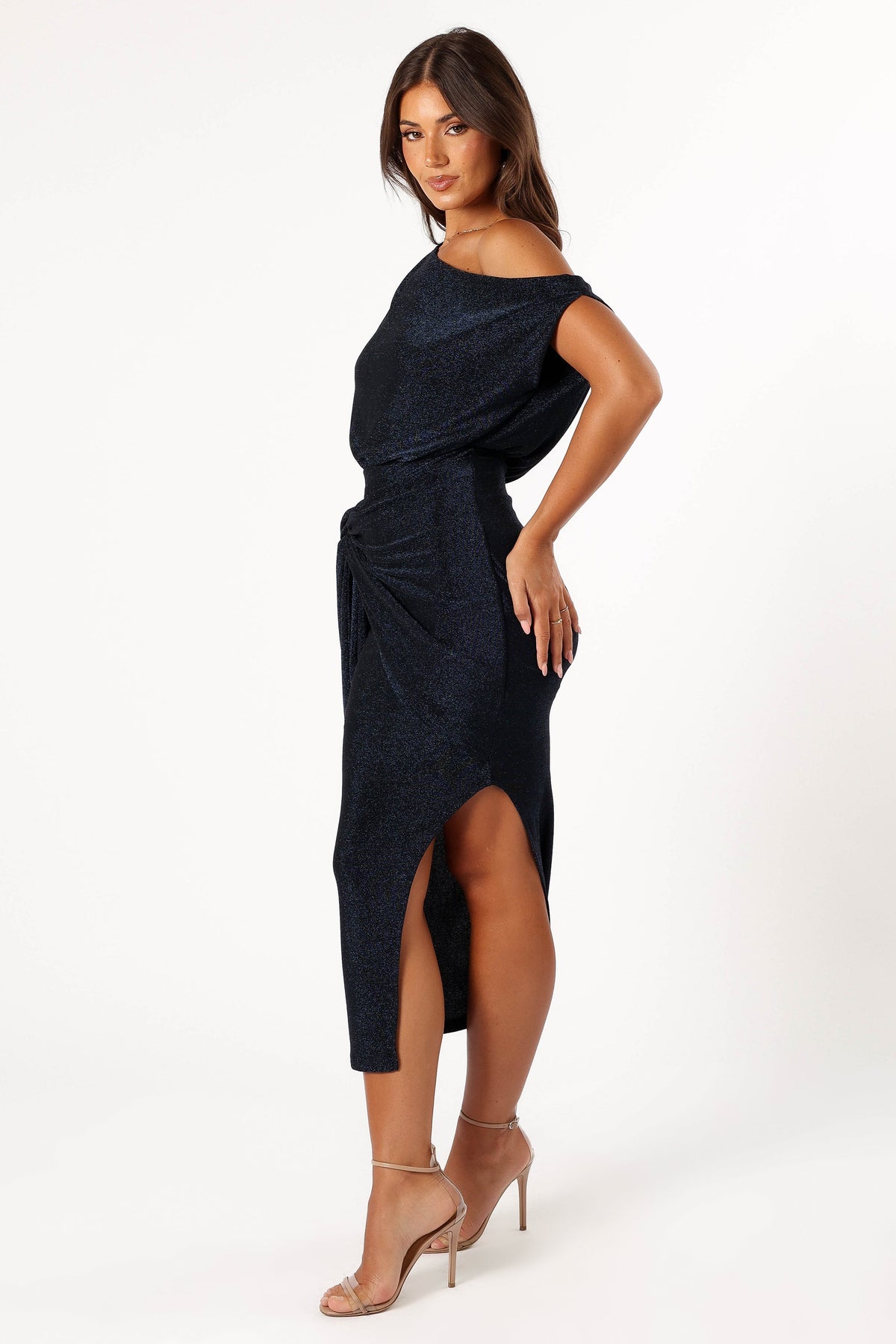 Santiago Off Shoulder Midi Dress in Navy – view 5 of 9