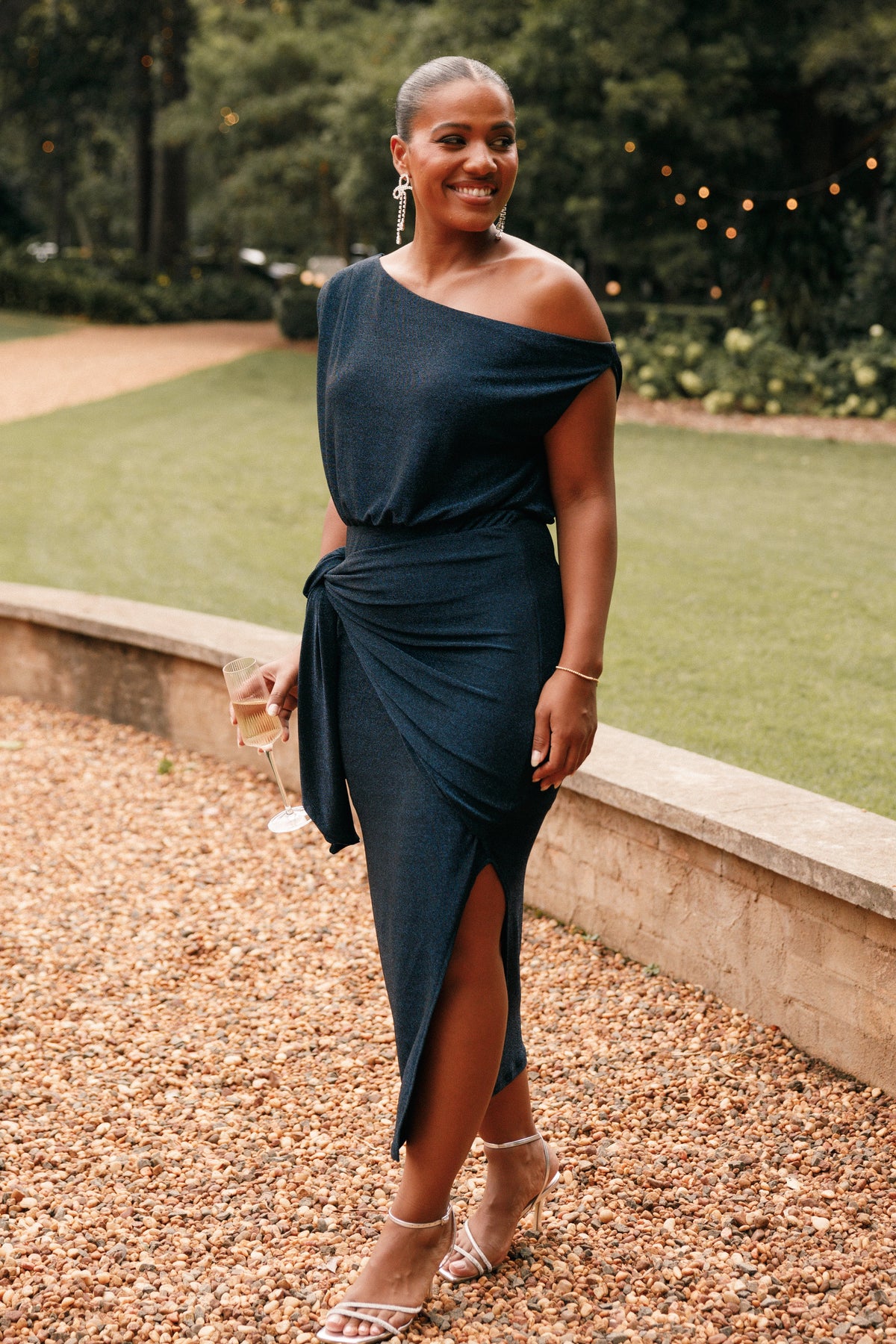 Santiago Off Shoulder Midi Dress in Navy – view 1 of 9