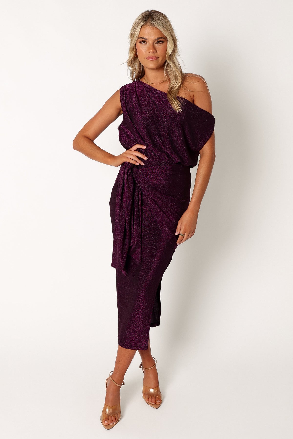 Santiago Off Shoulder Midi Dress in Purple – view 7 of 8